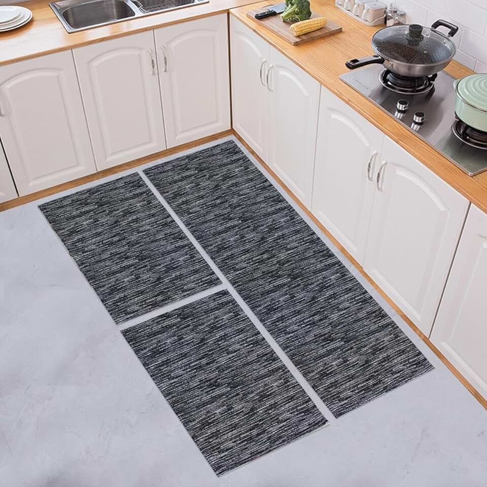 Kit Tapete de Cozinha 3 peças com Passadeira e Tapetes Antiderrapantes (Mesclado Preto)