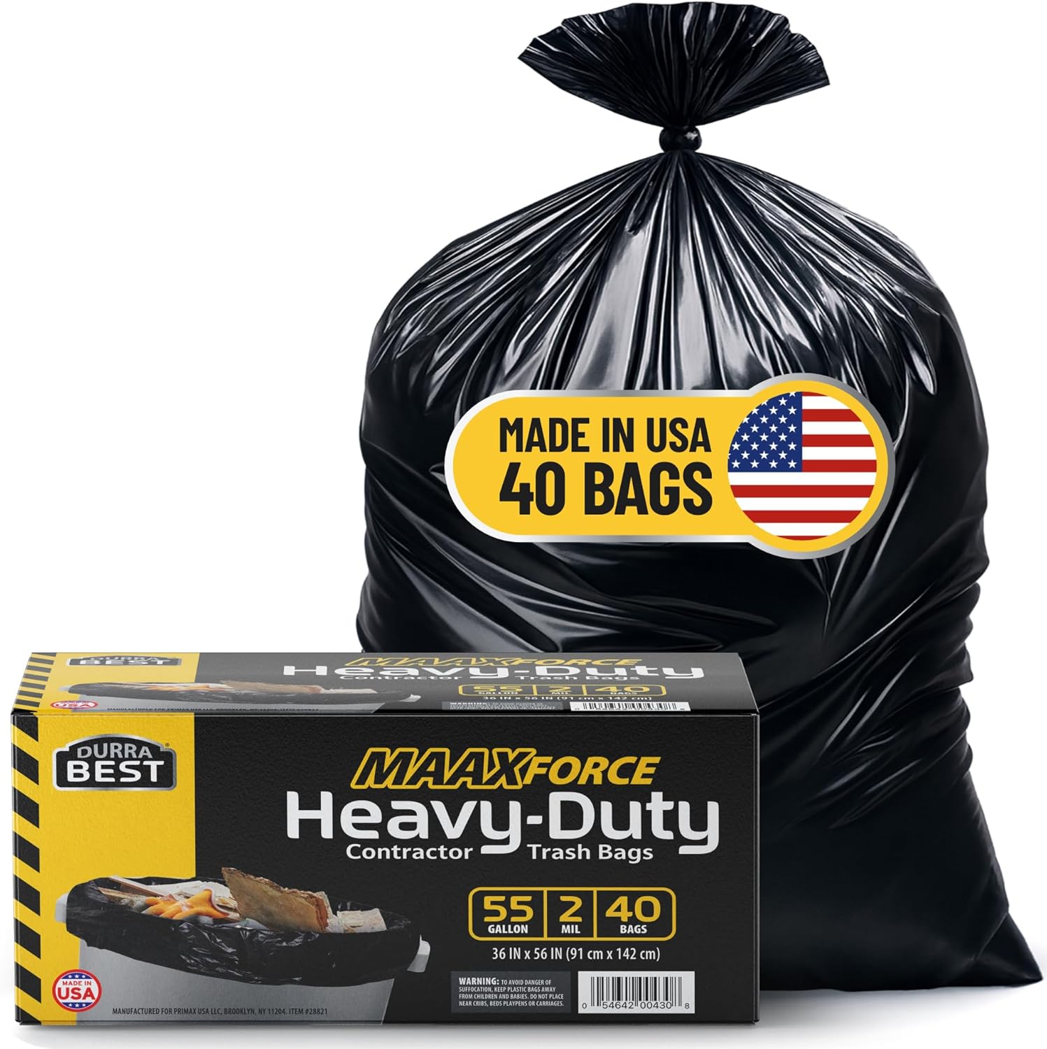 MAAXForce 55 Gallon Contractor Trash Bags | 2 Mil Heavy-Duty Black Garbage Bags | Leak-Proof, Puncture-Resistant | Made in USA | 36" x 56" Large Construction & Yard Cleanup Bags (40-Count)