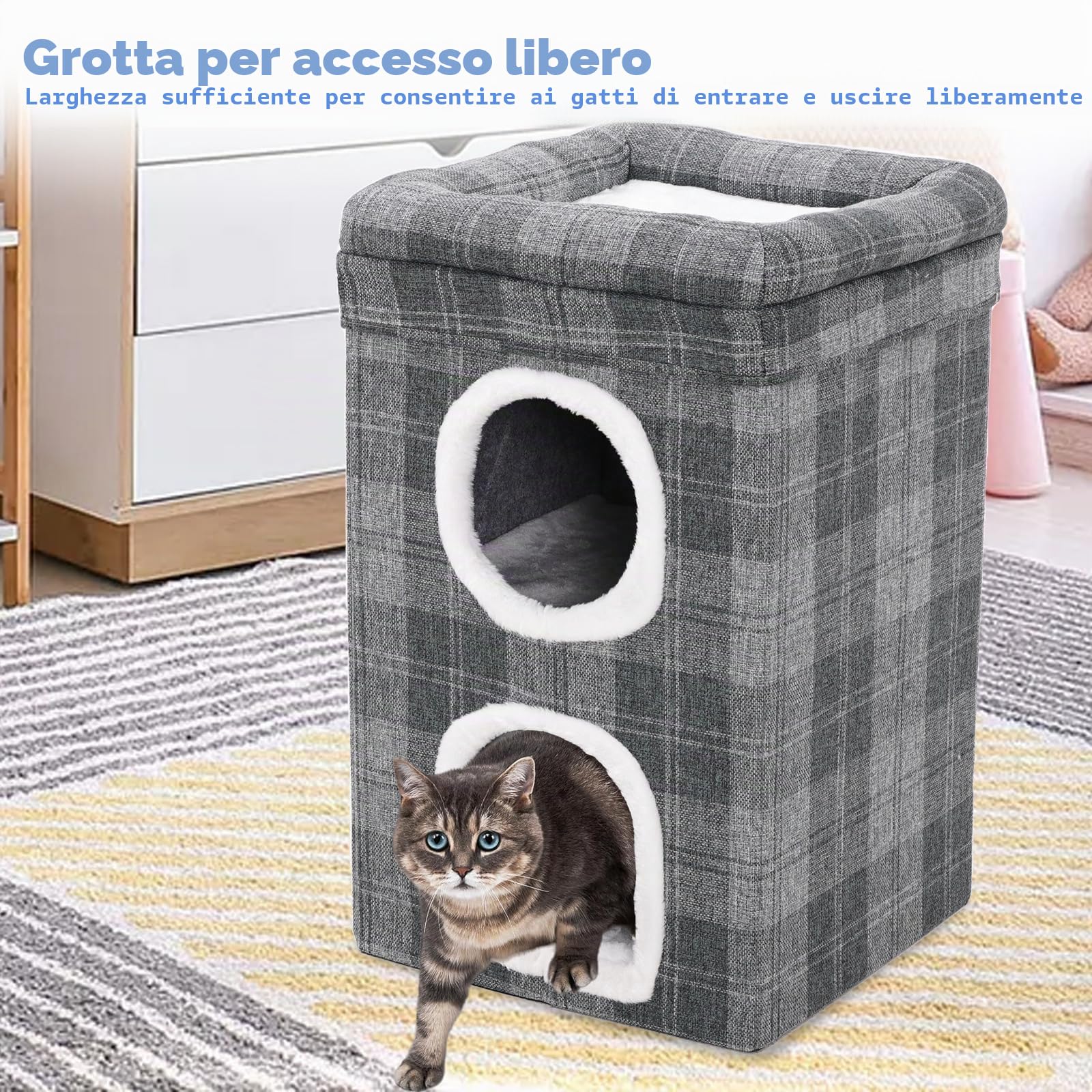 Cuccia per Gatti da Interno, Letto a 3 Piani per Più Gatti, Nicchia Comoda per Animali Domestici, Struttura Stabile, Piega & Facile da Installare, Casetta Chiuso,Grigio,39×39×66cm