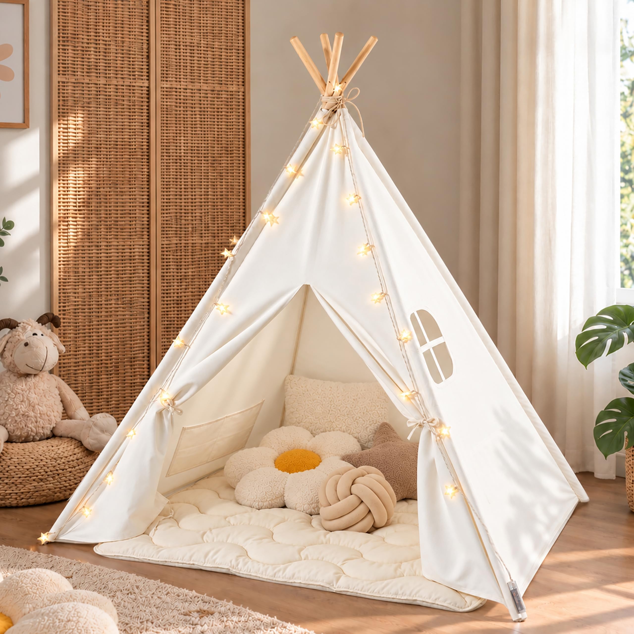 Tiny Land White Canvas Teepee Childrens Play Tent with Floor Mat - Cotton Foldable Portable Teepee Tent Playhouse for Kids - Fun Outdoor Indoor Child Play Tent with Window, by
