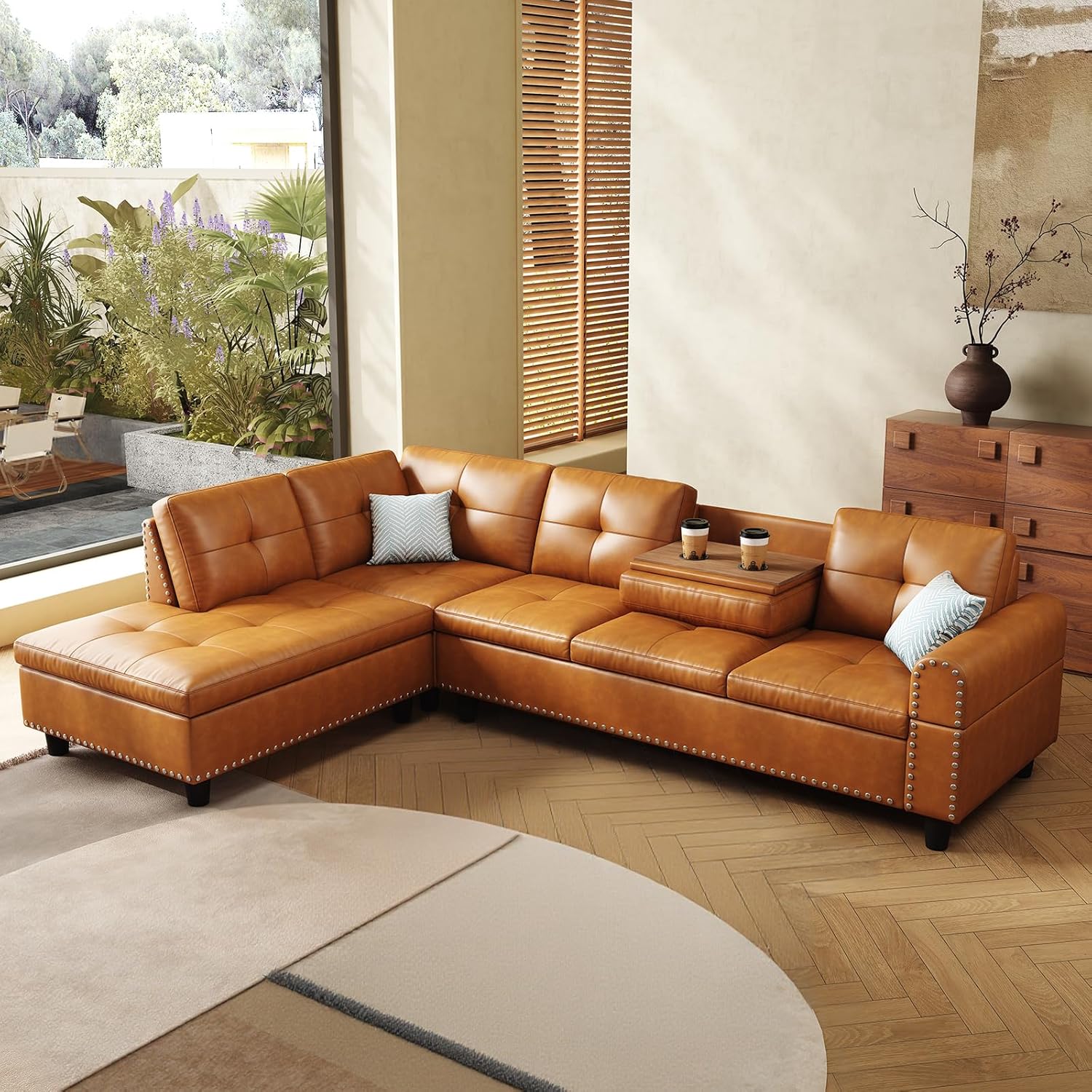 97.5" Oversized Sectional Couch, L Shaped Couchwith, Modern Modular Sofa withDeep Seat, Sectional Couches for Living Room andOffice, Faux Leather Sofa (Ginger, 97.5 inch) - Thumbnail 2