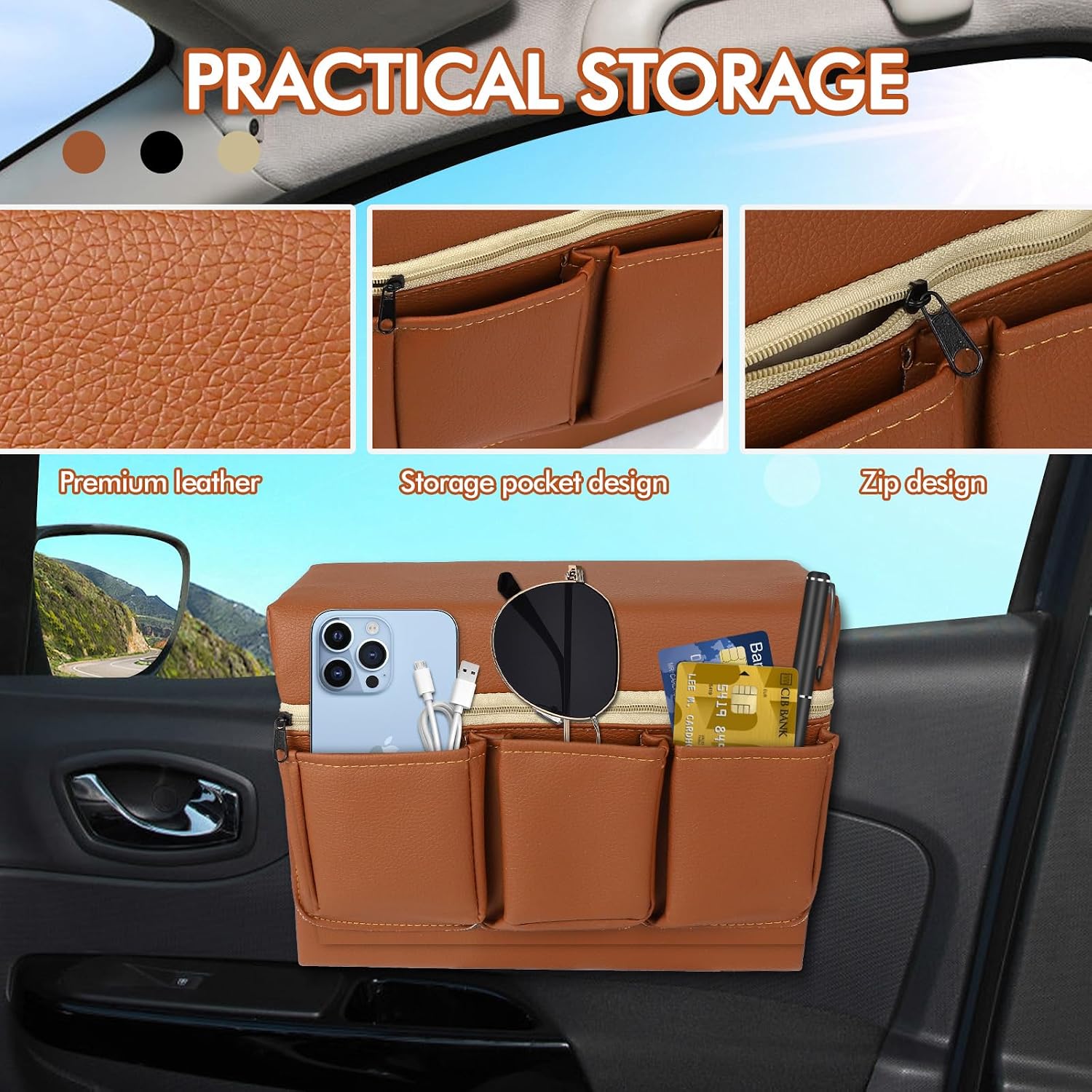 wuyaoyao Leather Car Window Armrest Storage Box with Zipper Closure, Brown image 3