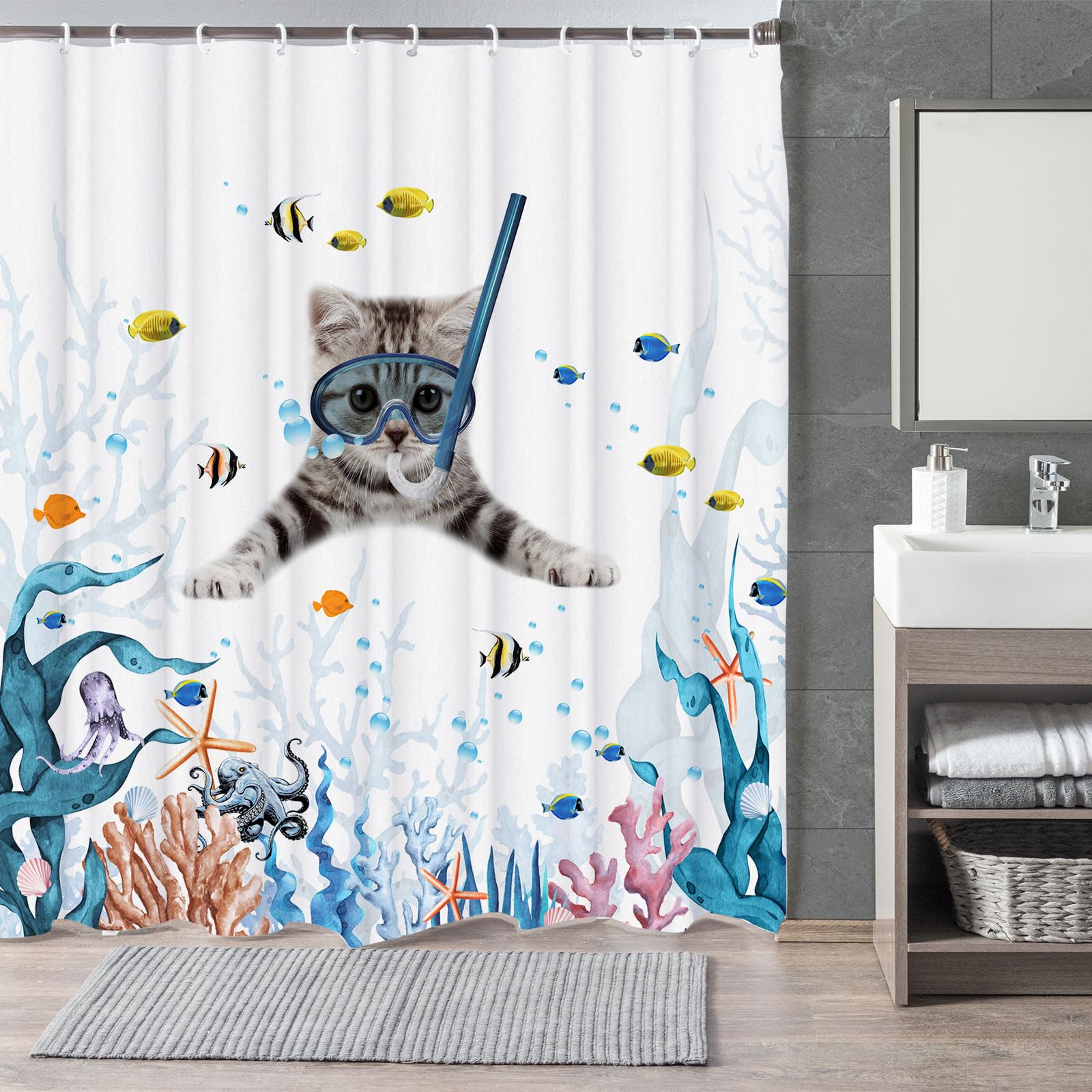 Lustiger Katzen-Duschvorhang Mit 3D-Ozean-Motiv – 183x183 Cm Inkl. 12 Haken