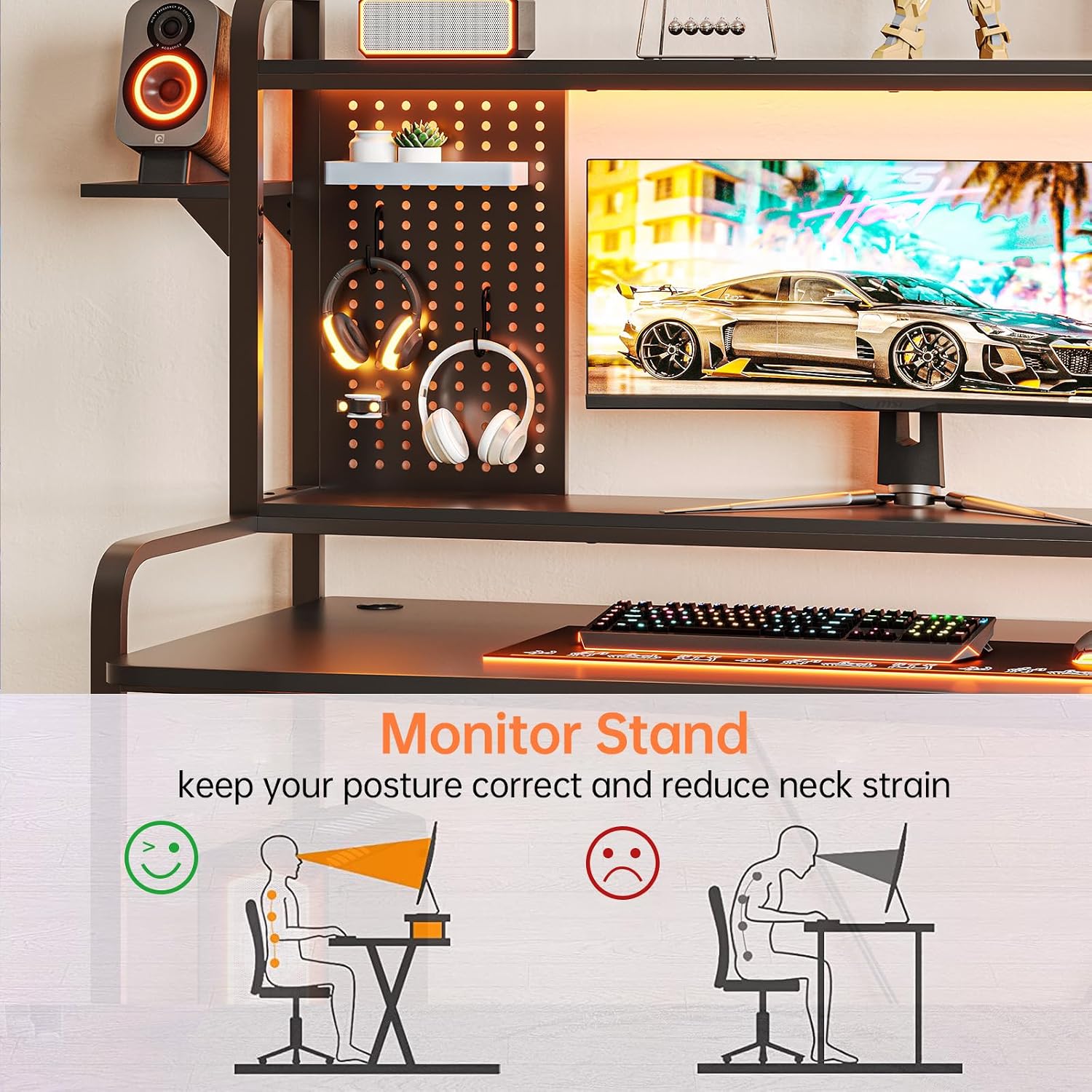 SEDETA Gaming Desk setup in a room with LED lighting