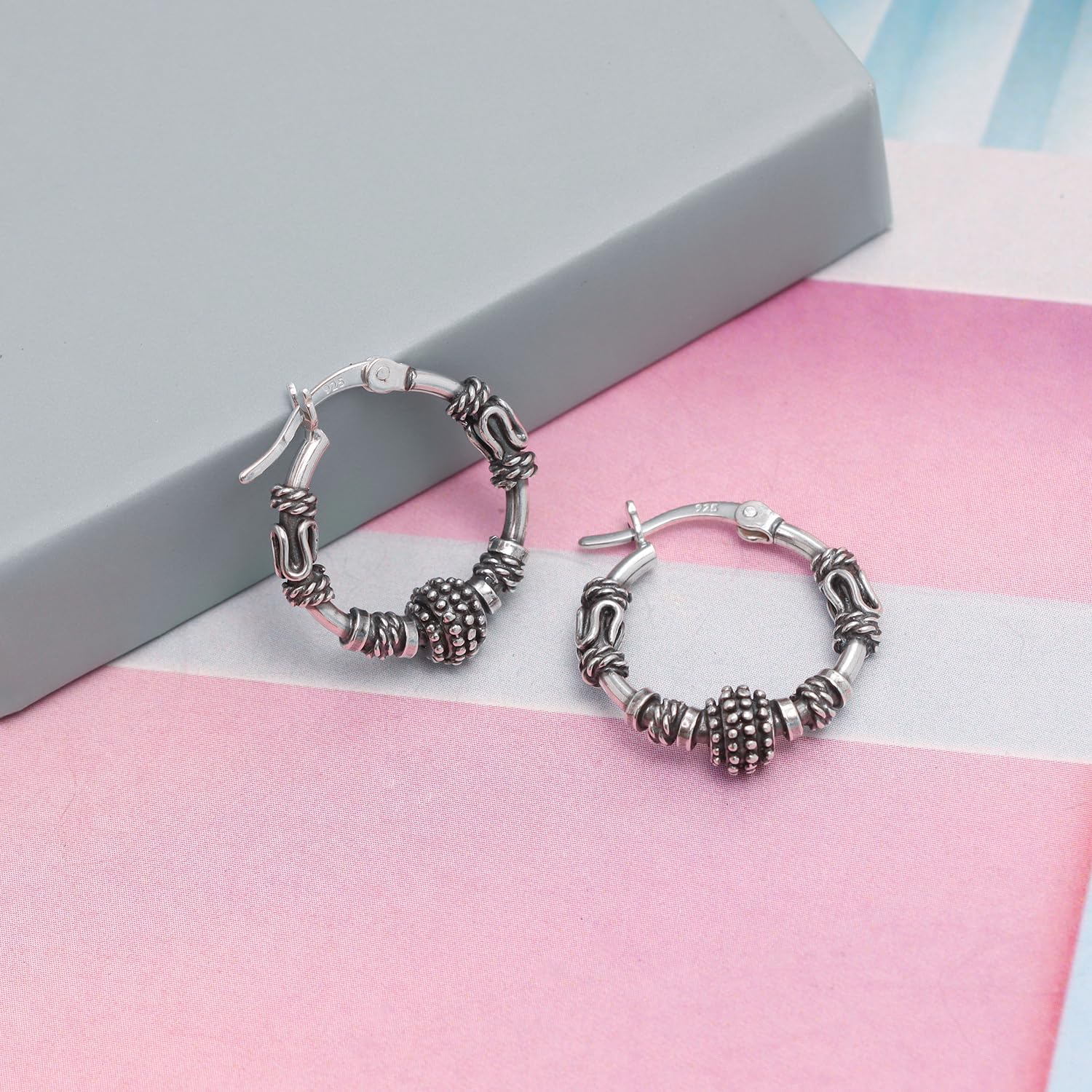 Charmsy 925 Sterling Silver Balinese Beaded Hoop Earrings for Women | Small Antique Vintage Balinese Art Inspired Boho Tribal Hoop Earring | Women's Round Shape Bali Hoops Earring