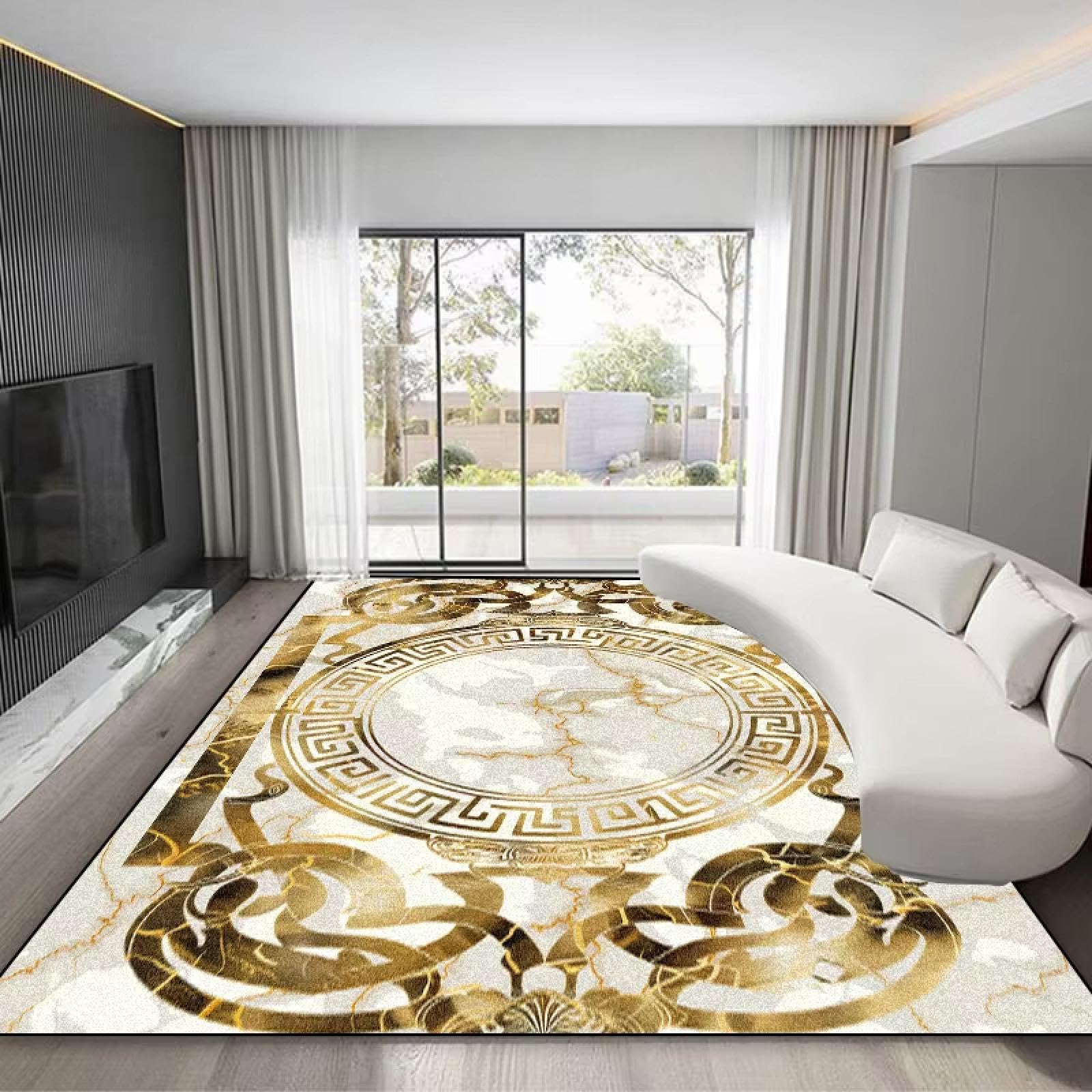 Tapis de salle à manger doré chic style européen lavable de grand salon