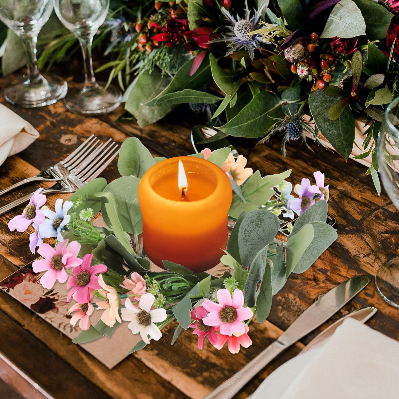 TOYANDONA Kerzenkranz Gänseblümchen Eukalyptus Kranz Kerzenring Hochzeit Kerzenhalter Ostern Blumenkranz Künstliche Blumen Türkranz für