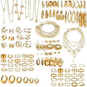 45pcs Gold Jewelry Sets for Women, Adjustable Bracelets Stackable Knuckle Rings Necklaces Layered Necklace Hoop Earrings Single-layer Necklaces for Women Girl Birthday Friendship
