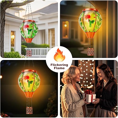 Miniatura 9 de Linterna solar de globo de aire caliente de colibrí, decoración al aire libre con luces de llama, impermeable, luces colgantes para jardín, patio,
