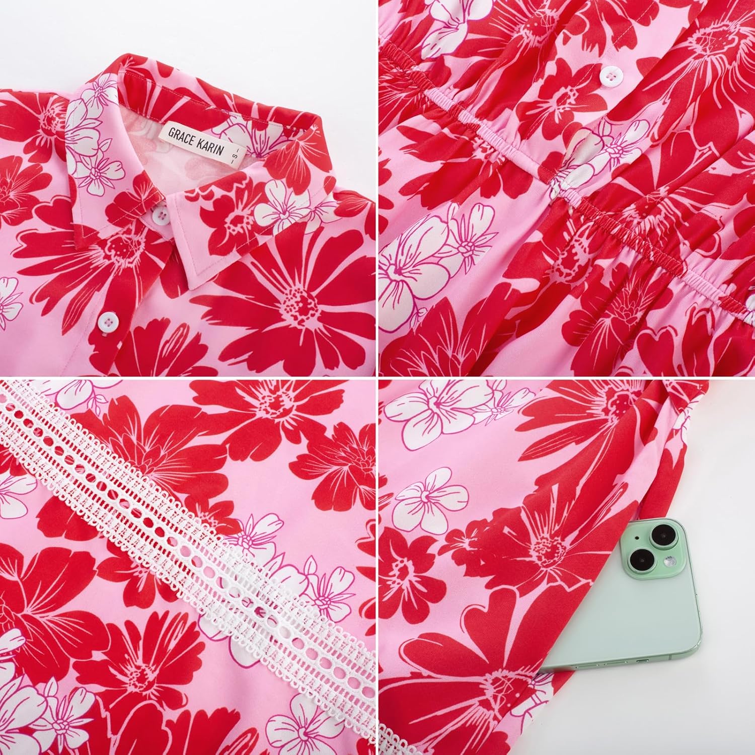 GRACE KARIN Women's 2026 Summer Floral Flowy Dresses Boho Tie Belt Short Puff Sleeve A Line Maxi Shirt Dress with Pocket - Image 6