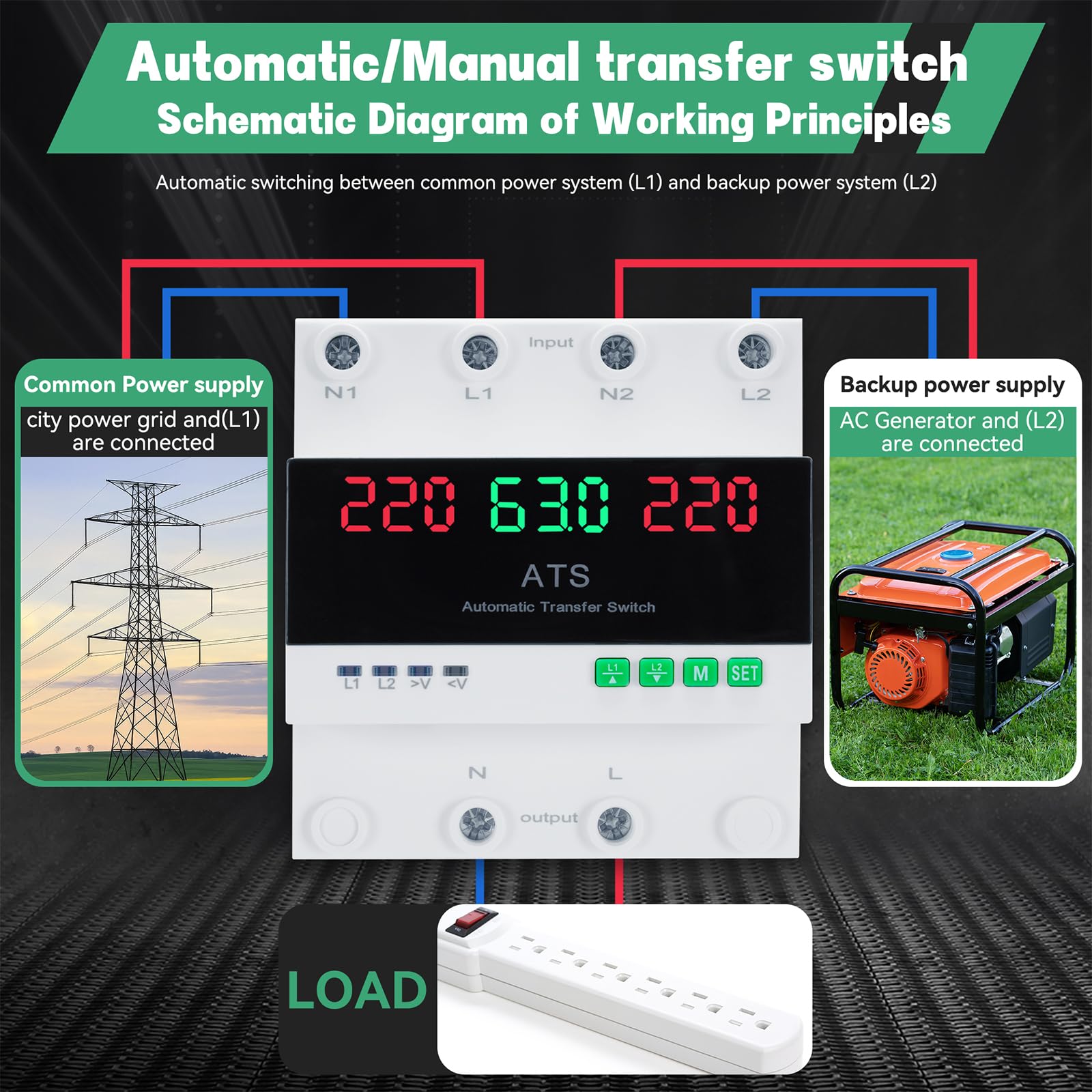 Interruttore di Trasferimento Automatico e Manuale 63A 220V Con Display Digitale, Valore Regolabile, Doppio Selettore di Alimentazione ATS per Generatori di Emergenza, Installazione guida DIN