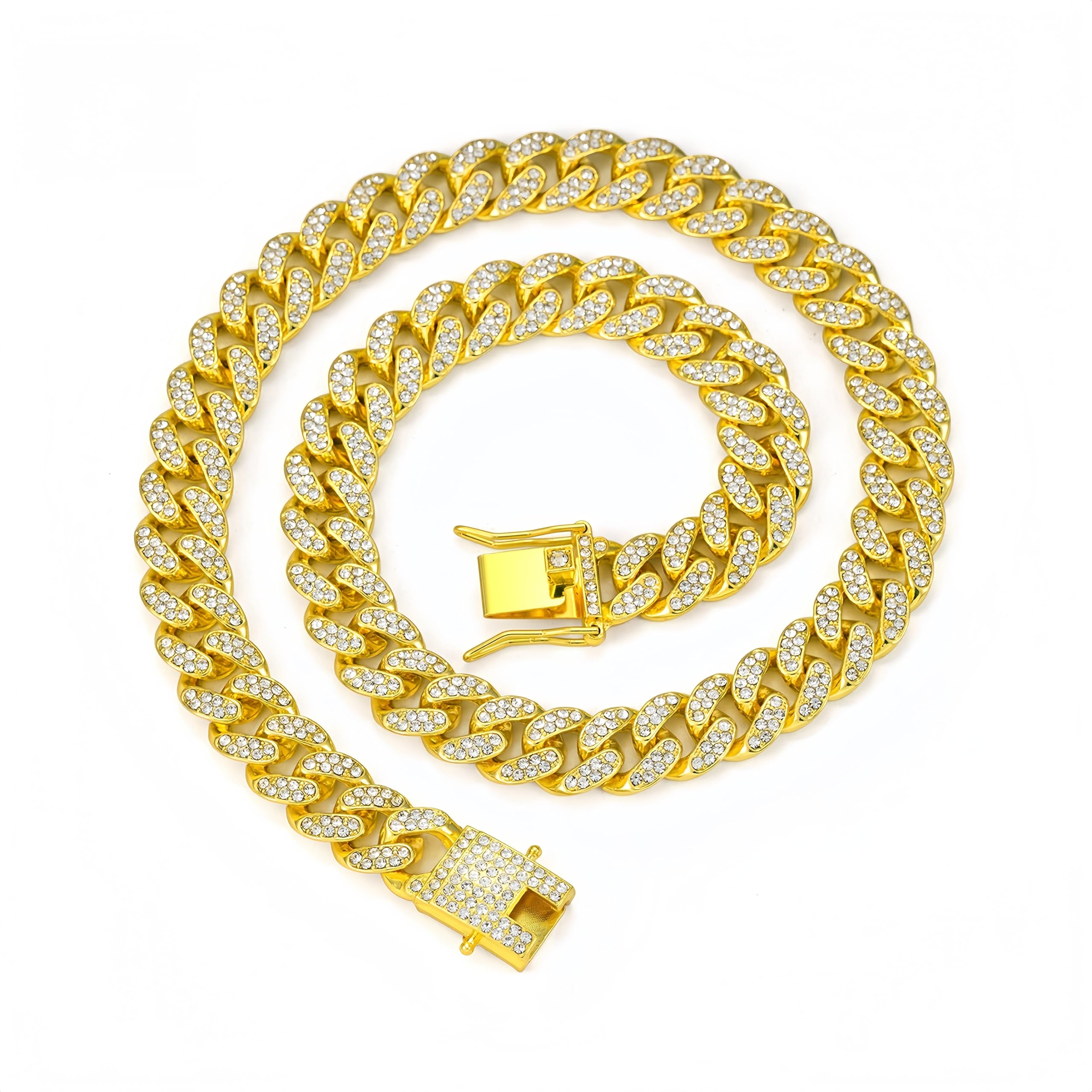 13mm Cuban Link Necklaces for Men - Gold/Silver Hiphop Dragon Whisker Chain with AAA Cubic Zirconia(0.51" Width, 18"/20" Length)