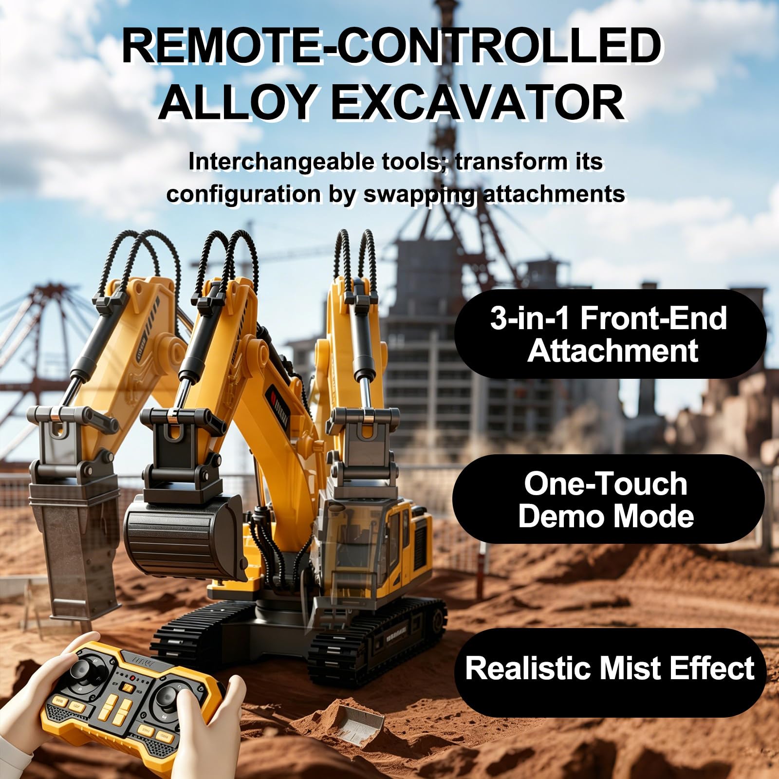 Escavatore Rc Elettrico, Telecomando Escavatore Idraulico Rc, Pinza E Martello Demolitore; modalità Demo Attivabile con Un Tasto, Costruzione Auto Macchina Giocattoli White-Standard1