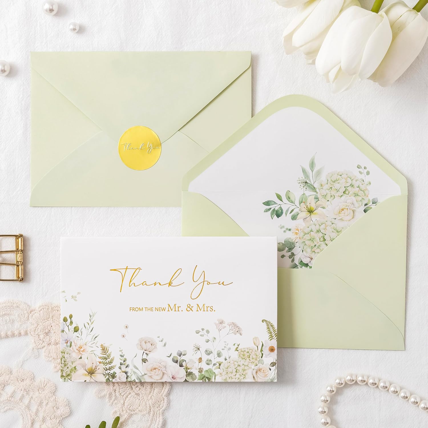 Crisky Green Floral Wedding Thank You Cards with Envelopes & Stickers From Mr & Mrs, 100 Pack Gold Foil Eucalyptus Leaves Thank You Greeting Note Cards Bulk for Bridal Shower - Image 6