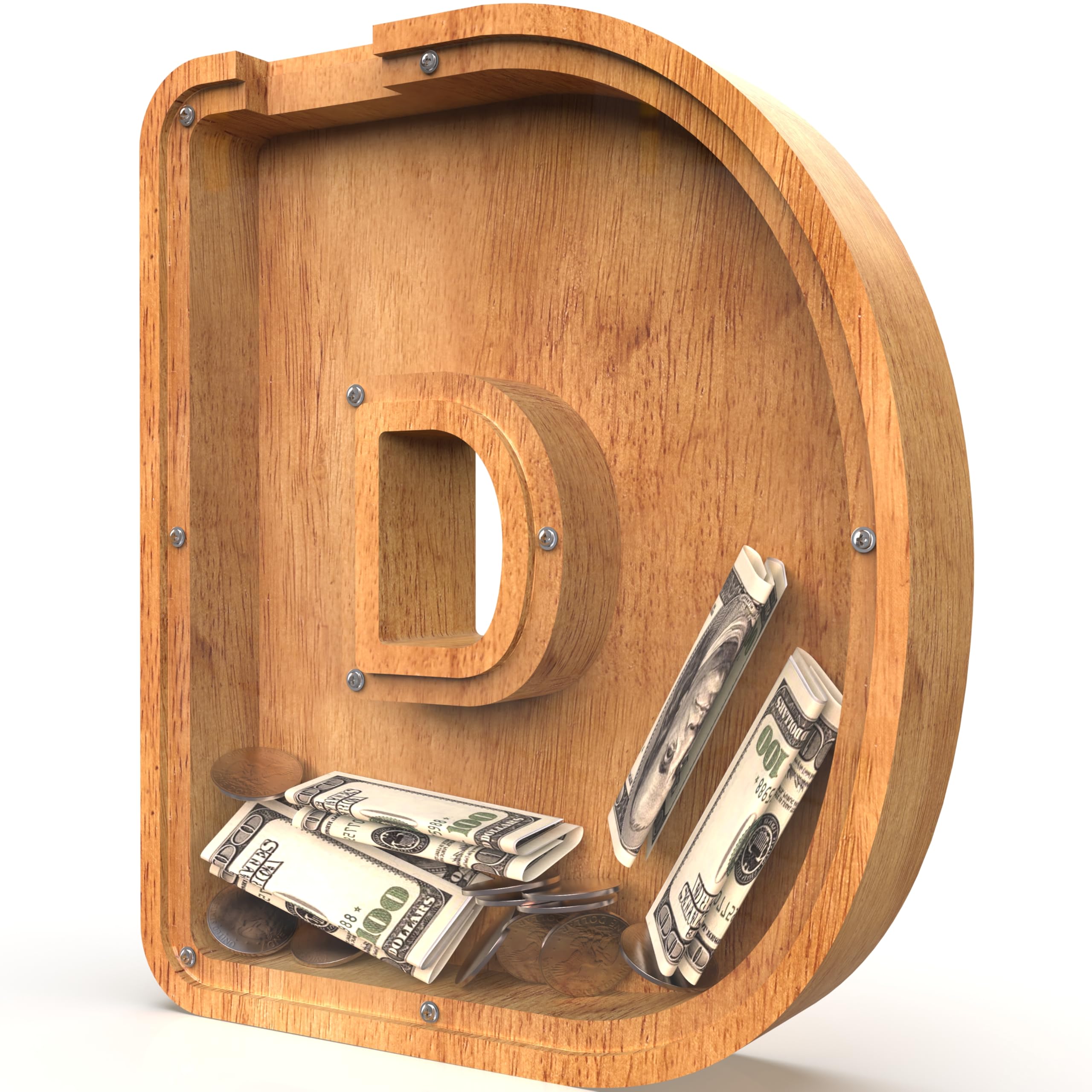 Piggy Bank for Kids Boys Girls, Large Personalized Wooden Letter Piggy Bank with Cut-Out Design, Alphabet Letter Coin Banks, Money Savings Box, Wooden