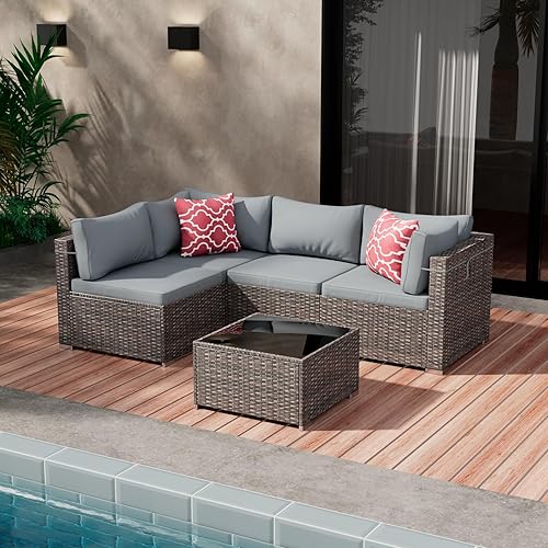 5 Pieces Outdoor Patio Furniture Set, Wicker Patio Conversation Sectional Sofa Set, All Weather PE Rattan Sofa with Glass Table and Grey Cushions