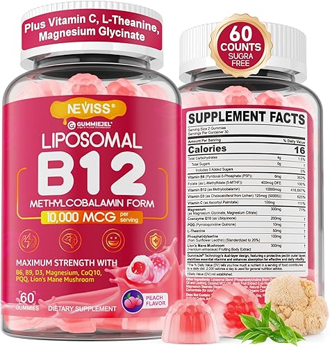 Gomitas Metil B12 de 5000 mcg 10000 mcg con L-metilfolato, vitamina B6, D3 vitamina C, hongo melena de león, L-teanina, CoQ10, suplemento de gomitas
