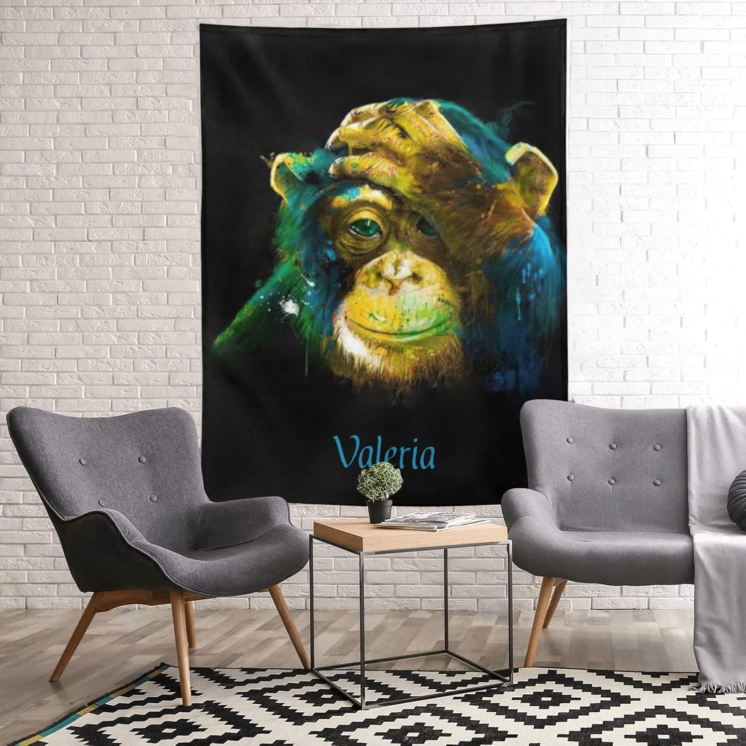 Personalized Chimpanzee Thinking Gorilla Monkey Blanket with Name Text Custom Super Soft Fleece Throw Blankets for Couch Sofa Bed 50 X 60 inches