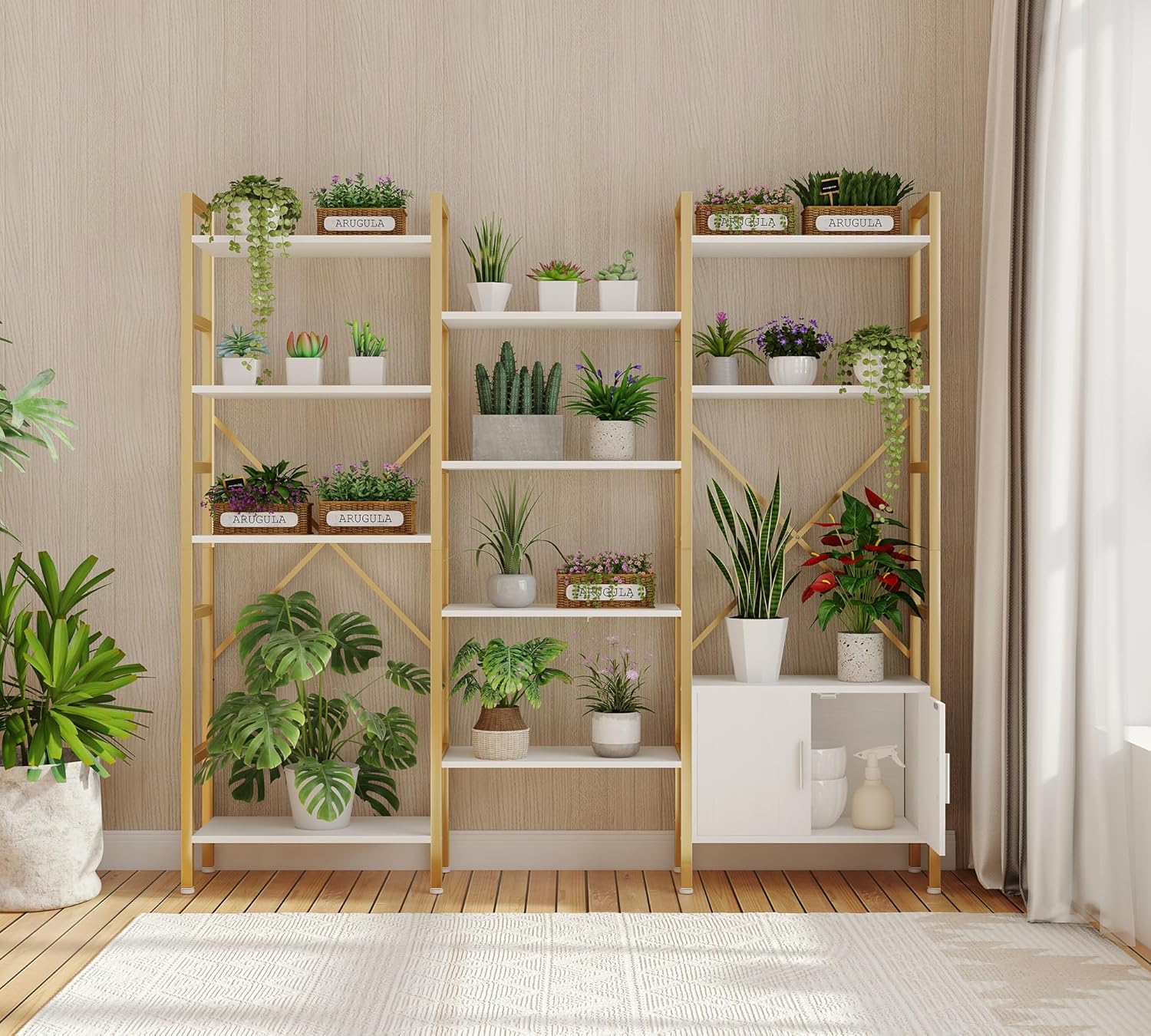 Yusong Bookshelf Triple Wide 5 Tier Bookcases with Storage Cabinet, Industrial Large Modern Tall Bookshelves with 12 Open Display Shelves for Living Room Office Bedroom, White and Gold - Image 3