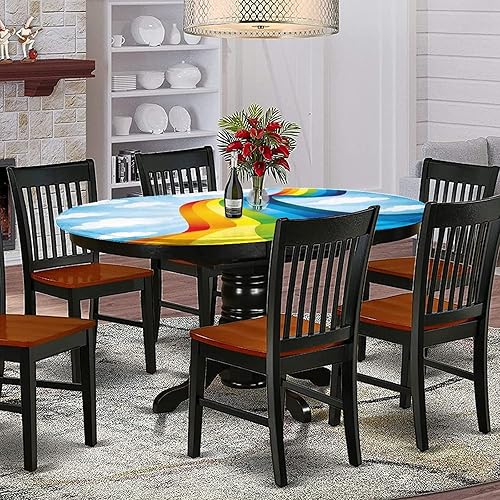 Miniatura 2 de Mantel ajustable ovalado de poliéster elástico arcoíris, nubes de carretera y dibujos animados abstractos, se adapta a mesas ovaladas de hasta 36 x