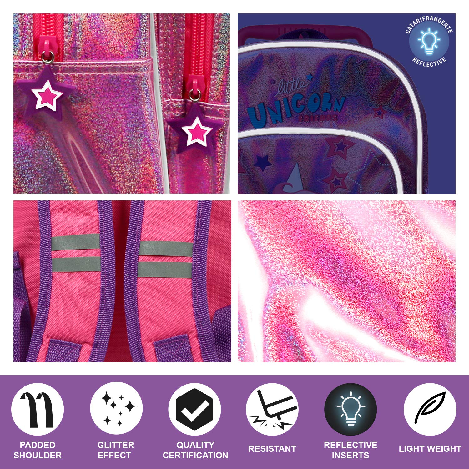 PERLETTI Mini Trolley Bambino Bambina con Tascone - Zainetto Scuola Asilo Bimbo Bimba con Ruote e Spallacci - Borsa Bagaglio da Viaggio Olografica Catarifrangente - 36x26x15 cm