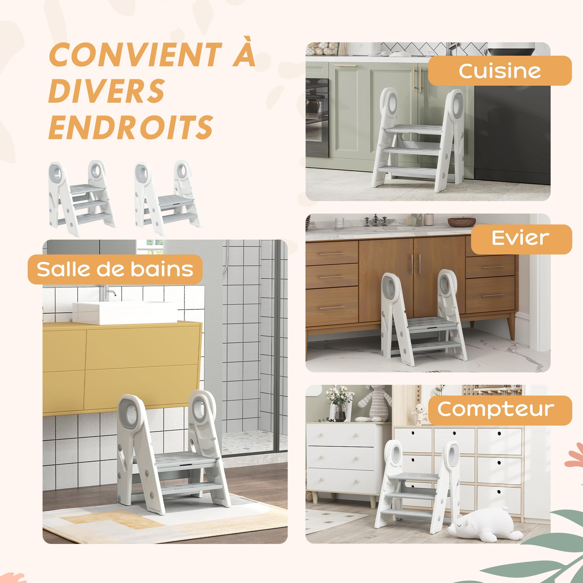 AIYAPLAY Marche Pied pour Enfant 3 marches, Pliable, avec poignées, Gris | Marchepied de cuisine pour enfant, hauteur ajustable, surface antidérapante, pour salle de bain, cuisine