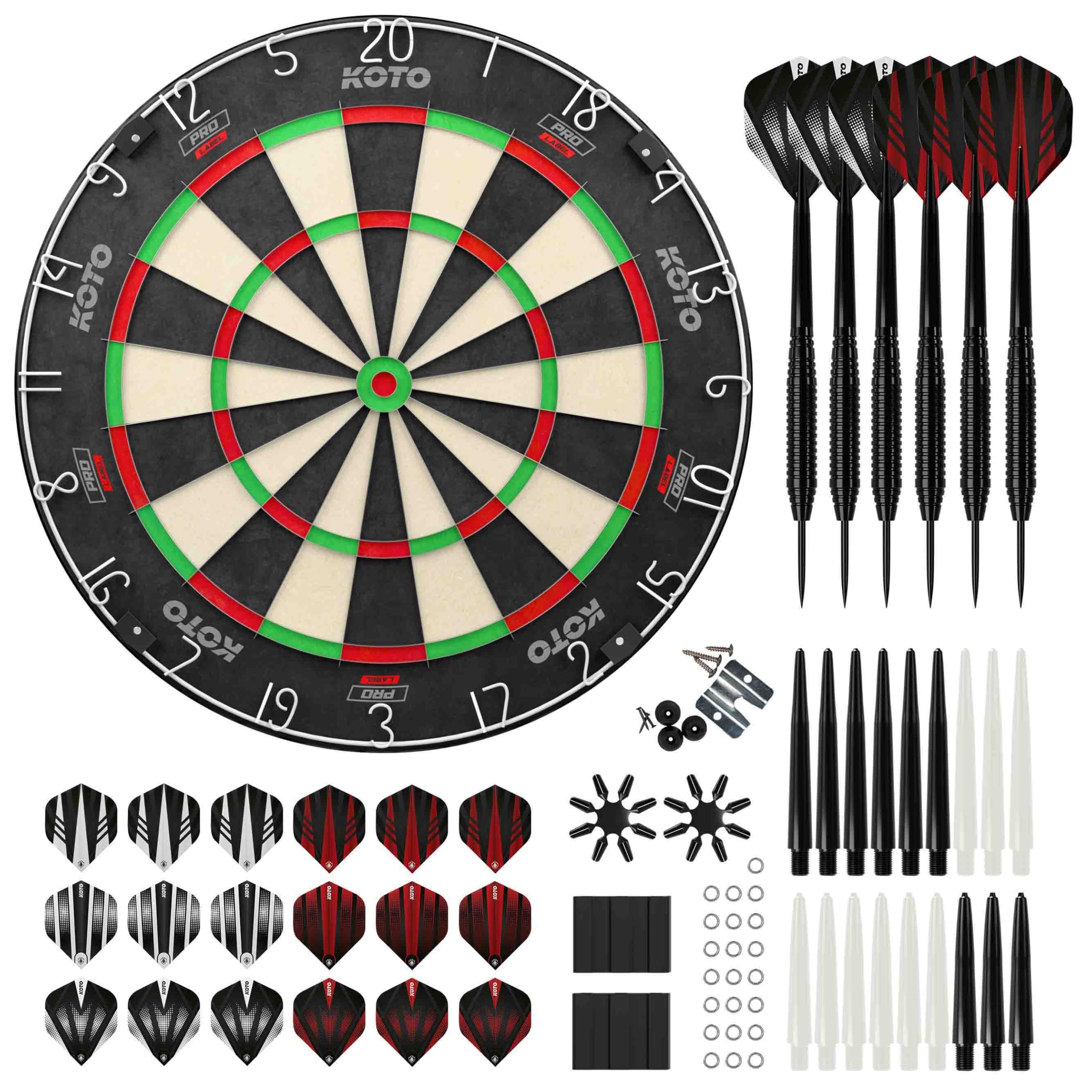 KOTO - King Pro 360 Cible Fléchettes & Accessoires, Sisal, Fléchettes 23G | Noir, 90 Pièces D'Accessoires, Incl. Fléchettes Acier Laiton, Surround Sans Agrafes, 6 Pièces Flights & Shafts, 360°