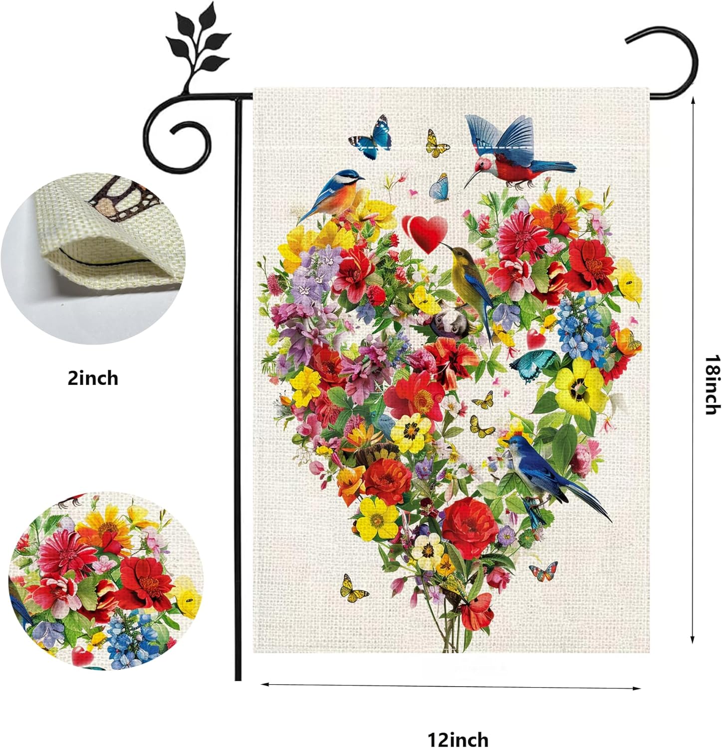 Spring Summer Birds Flowers Butterflies Garden Flag for Outside Colorful Floral Love Hearts Outdoor Yard Flag 12x18 Inch Double Sided - Image 8
