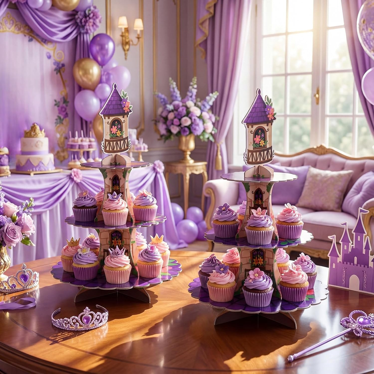 Remerry 2 Pack Purple Princess Party Tower Cake Stand, 3 Tier