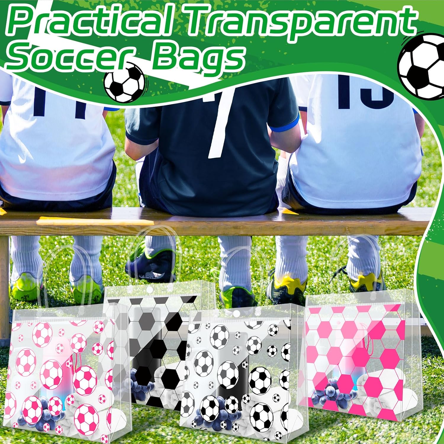 Demonwer 24 Pcs Soccer Clear Goodie Bag with Handles 4 Styles Soccer Goodie Treat Candy Bags PVC Sport Theme Party Favor Bag for Team Birthday Gifts 8×8×3.2 Inch - Image 6