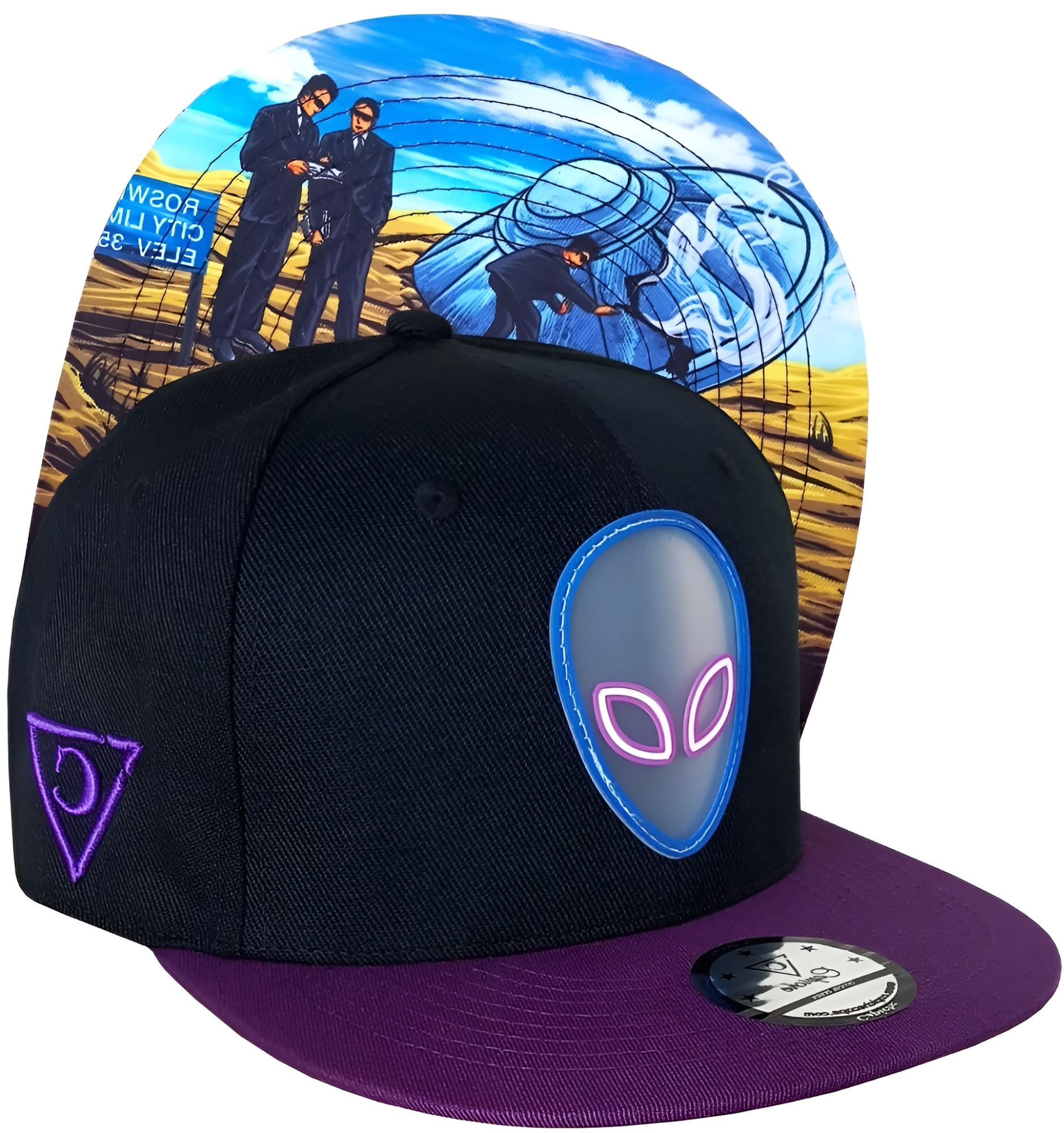 Capiche Unisex D-298 - Ufo Crash [99+ Variations] Ufo Crash Snapback Cap - Black Hat With Purple Brim, Glow-In-The-Dark Alien Logo, Roswell Scene Undervisor Art, Adjustable For Sci-Fi And Enthusiasts