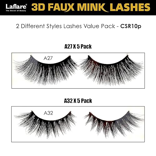 Miniatura 10 de Laflare 10 pares de pestañas de visón sintético 3D, pestañas postizas de aspecto natural, pestañas esponjosas y delgadas. Pestañas Postizas (A26 x