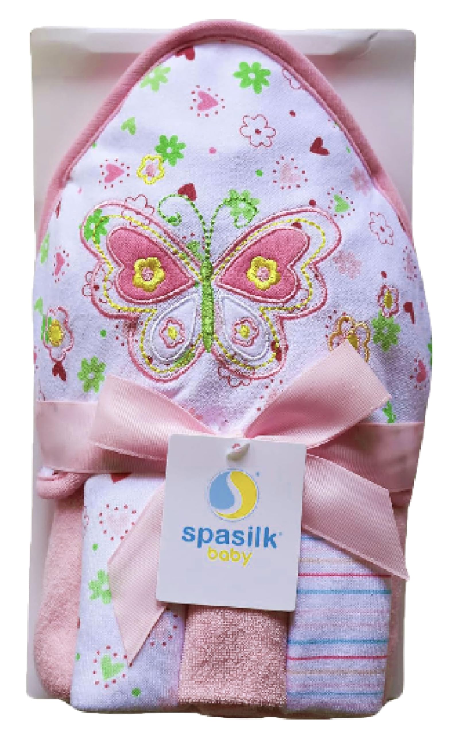 Spasilk Hooded Bath Towel and Washcloths Set for Newborns, 1 Soft Terry Baby Towel and 3 Baby Washcloths, Baby Essentials, Ideal, One Size, Pink Butterfly