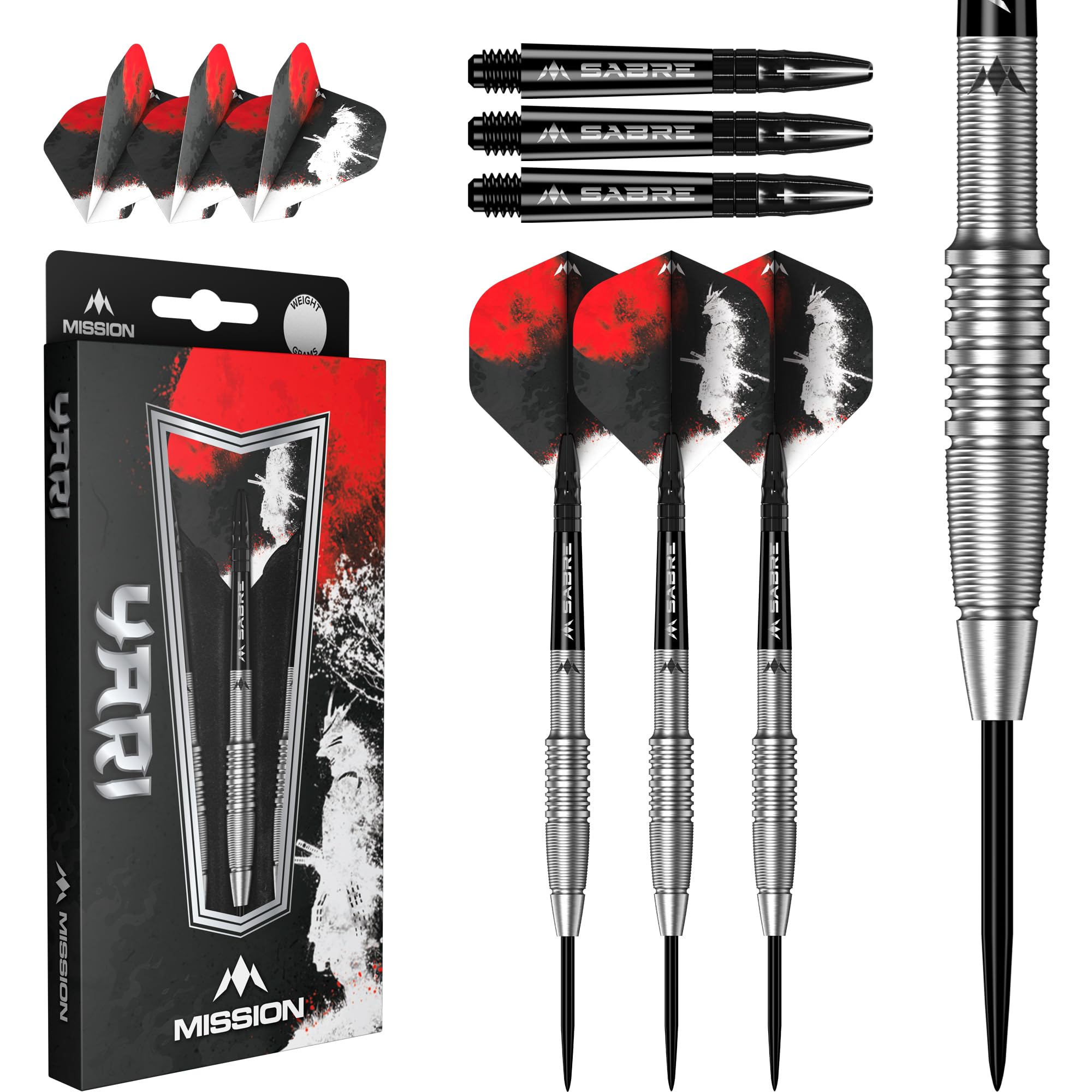 Mission Darts | Yari Darts | Steel Tip Darts Set | 90% Tungsten Barrel | Includes Dart Flights and Stems | Available in Multiple Weights. (24, Grams)