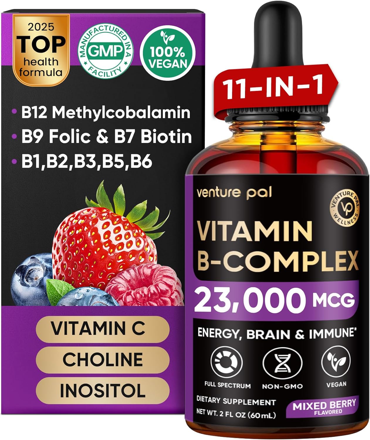 Venture Pal 11-in-1 Vitamin B Complex Liquid Drops, B12 5000mcg Methylcobalamin | B9 Folic | B1,B2,B3,B5,B6,B7 – Vitamin C, Choline, Inositol, Immune & Energy Metabolism, Brain & Heart Support