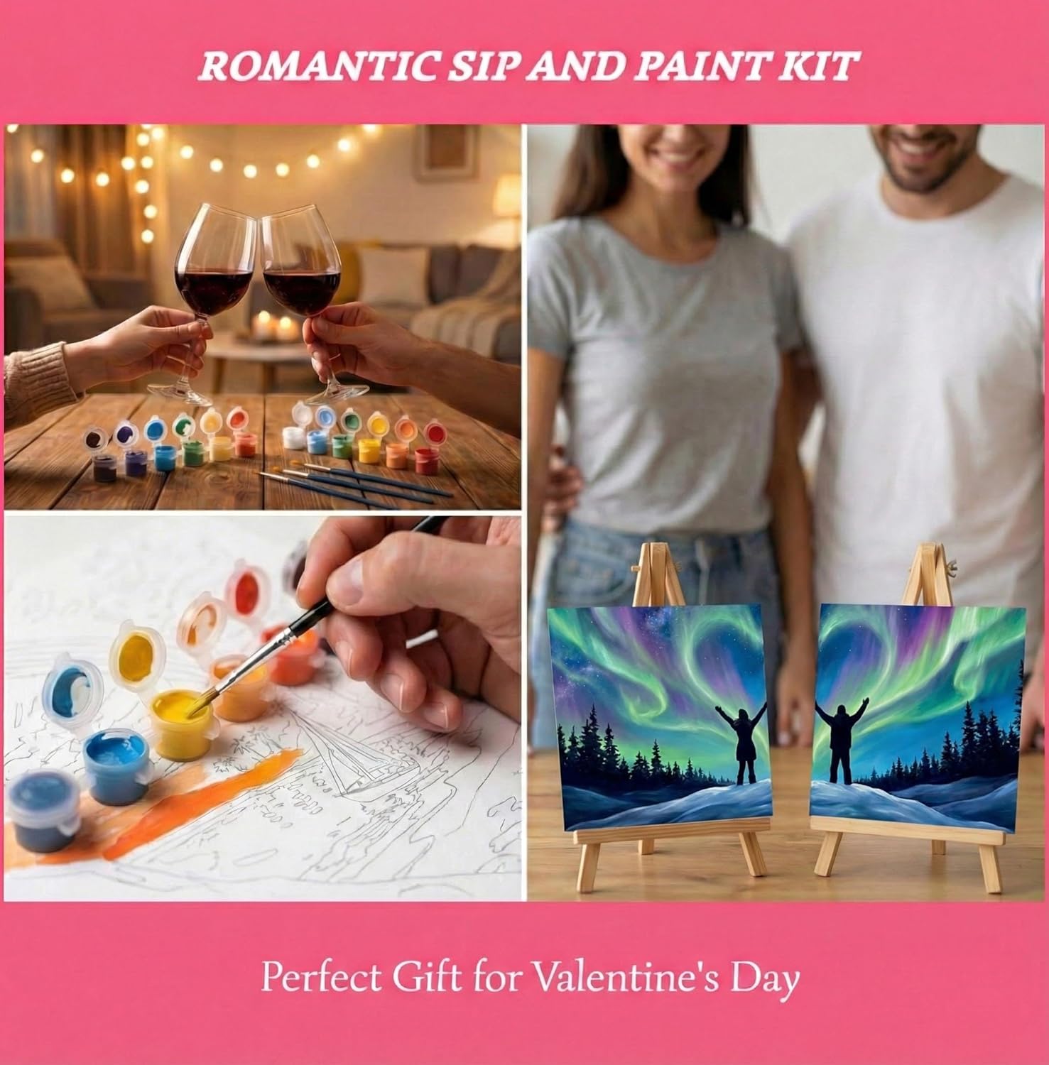 CT SUN Couples Paint by Numbers Kit for Adults - Sip and Paint Set with 2 Framed 10"x10" Canvases, Easels & Paints - Easy No-Experience-Needed DIY Acrylic Painting (Deluxe Edition, Aurora)