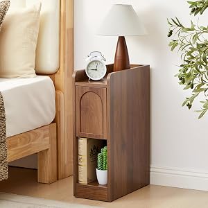 Narrow Nightstand, Slim Bedside Table with Raised Edge Top, Arched Drawer & Open Shelf, Modern Wooden Small Side End Table for Bedroom or Living Room (1, Walnut)