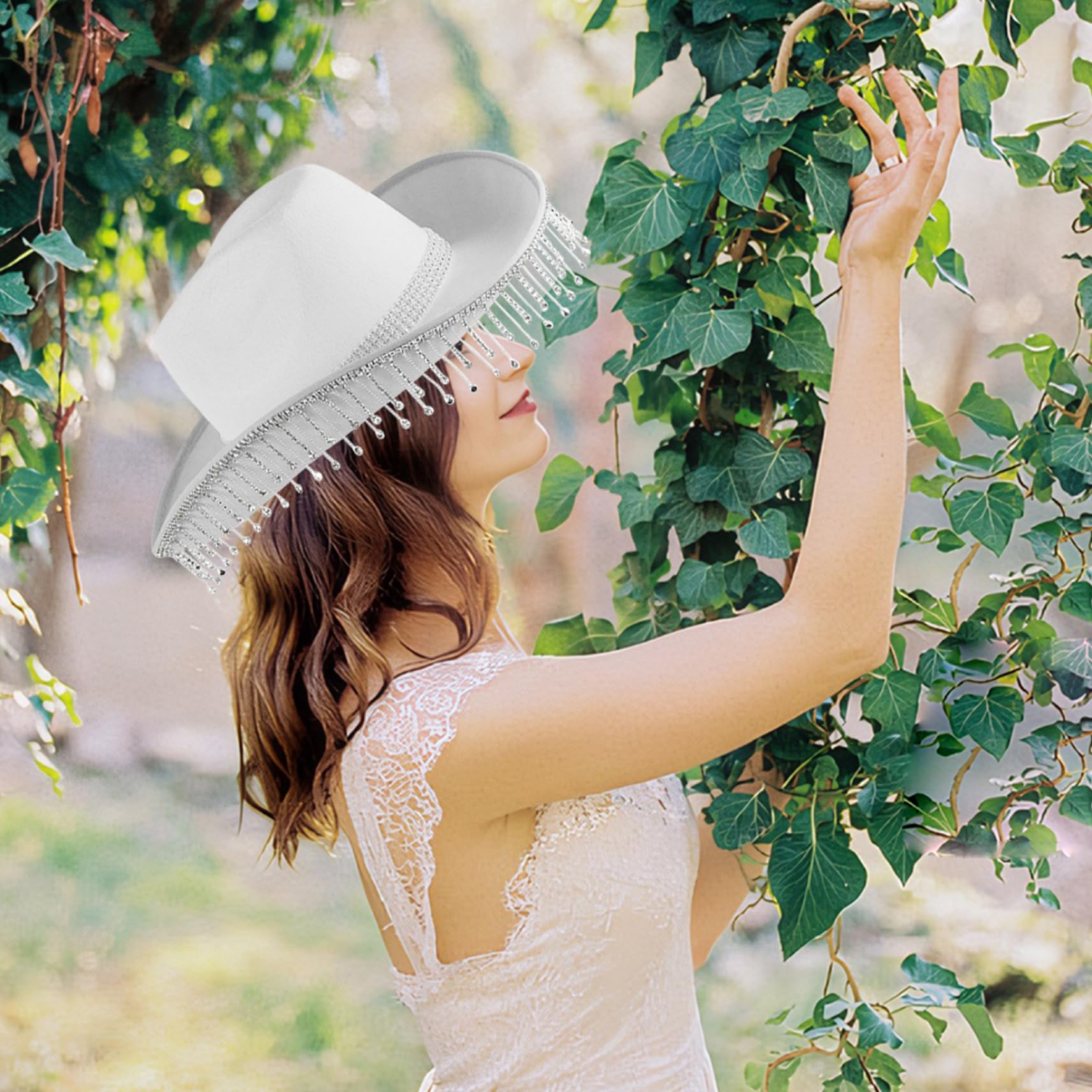 Sombrero de Vaquero Brillo para Mujeres rinate Fringe Novio Novio Gorro de Vaquero Sombrero de Vaquera con Correa de la Barbilla Sombrero de Boda de Vaquera Disco, Blanco