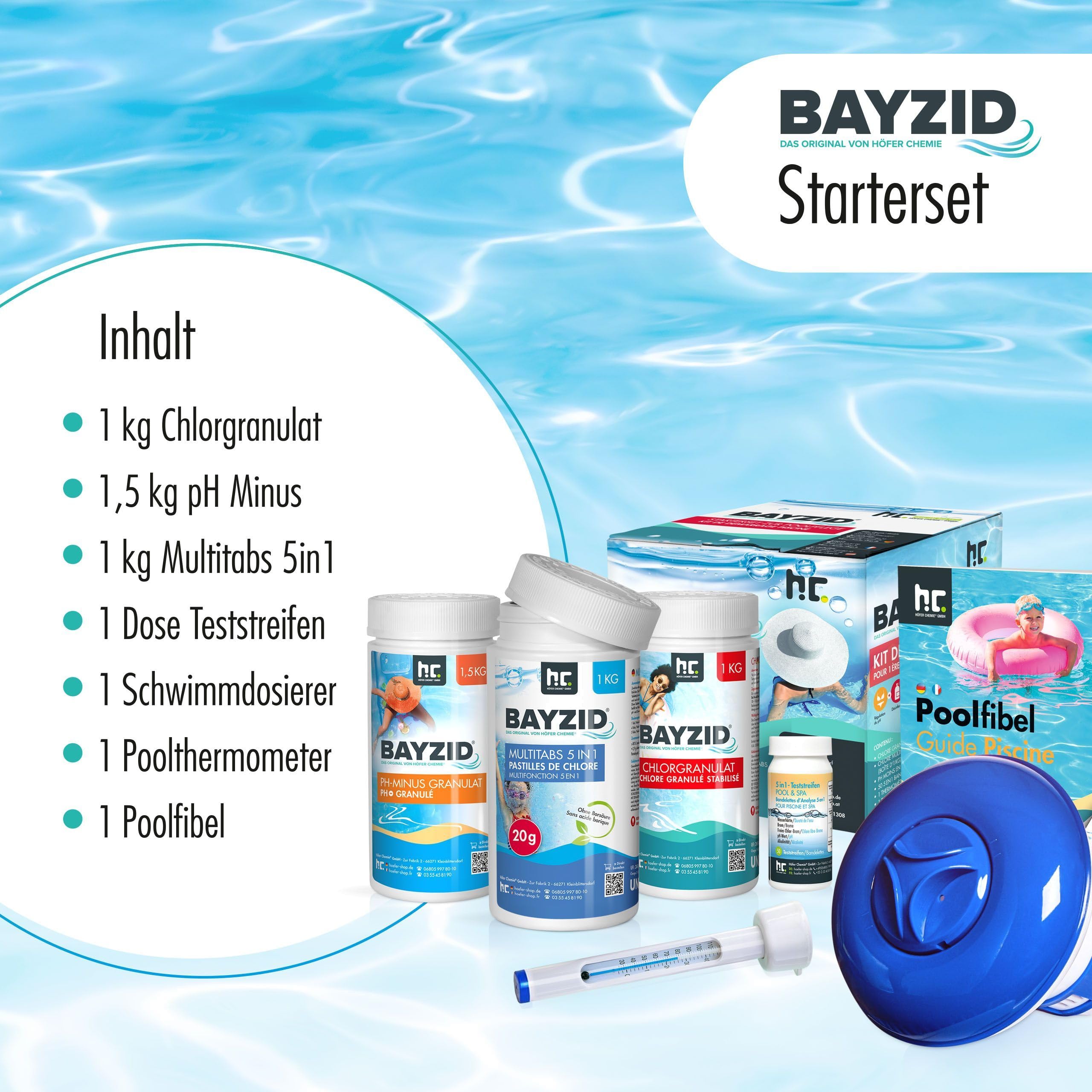 BAYZID® Pool Starterset 7-teilig - Wasserpflege durch Pool Chlor Granulat, PH Minus, Multitabs, Poolthermometer, Dosierer, Teststreifen und Poolfibel - von Höfer Chemie