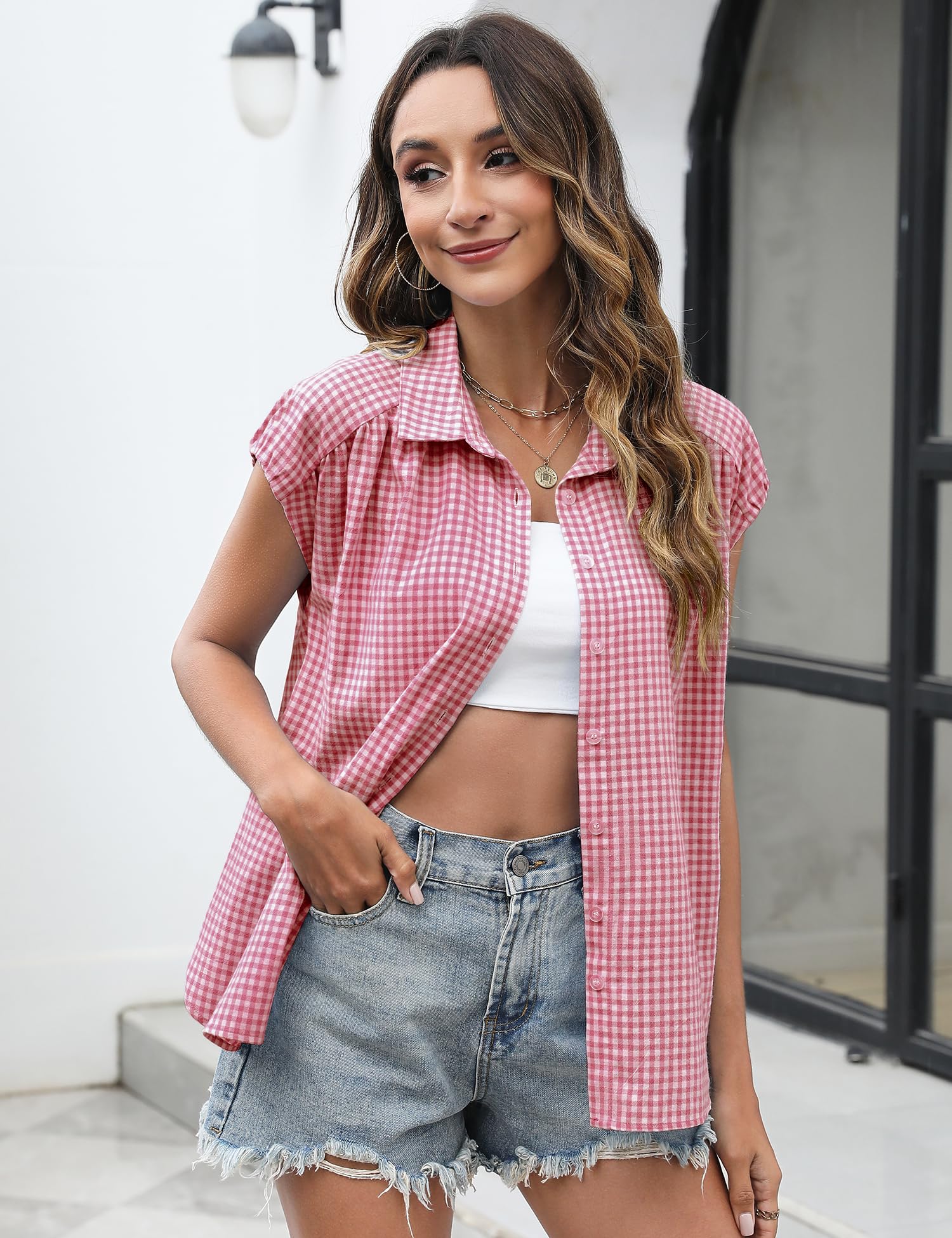 EFFAN Blusa de algodón para mujer, con manga casquillo, cuello en V, para verano, con botones, holgada, para el trabajo 2025