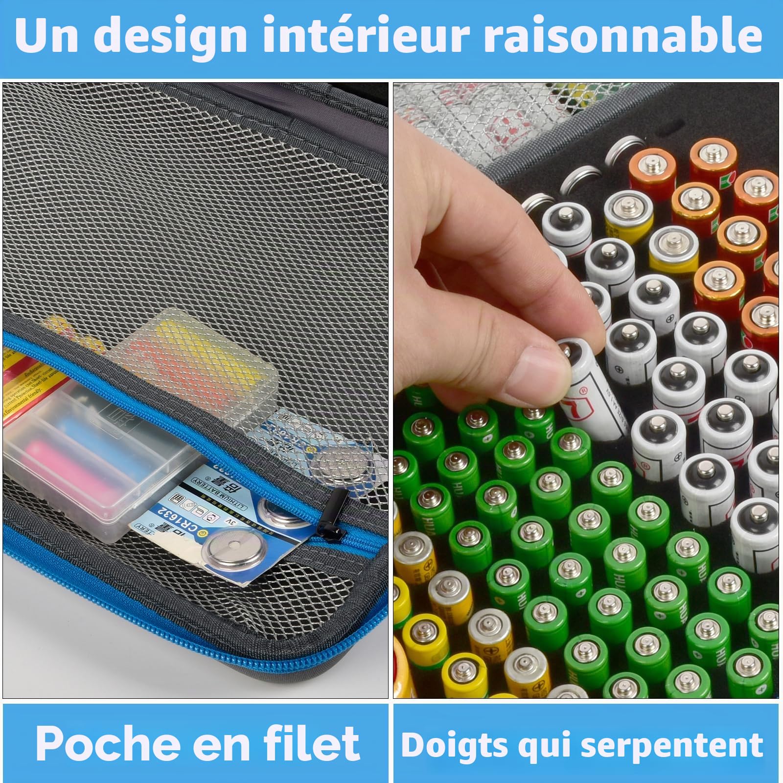 Organisateur de piles boîtier de rangement étui boîte avec contrôle de test BT-168. Contient 225 piles AA AAA C D-cell 9 V 3 V lithium (bleu, grand)