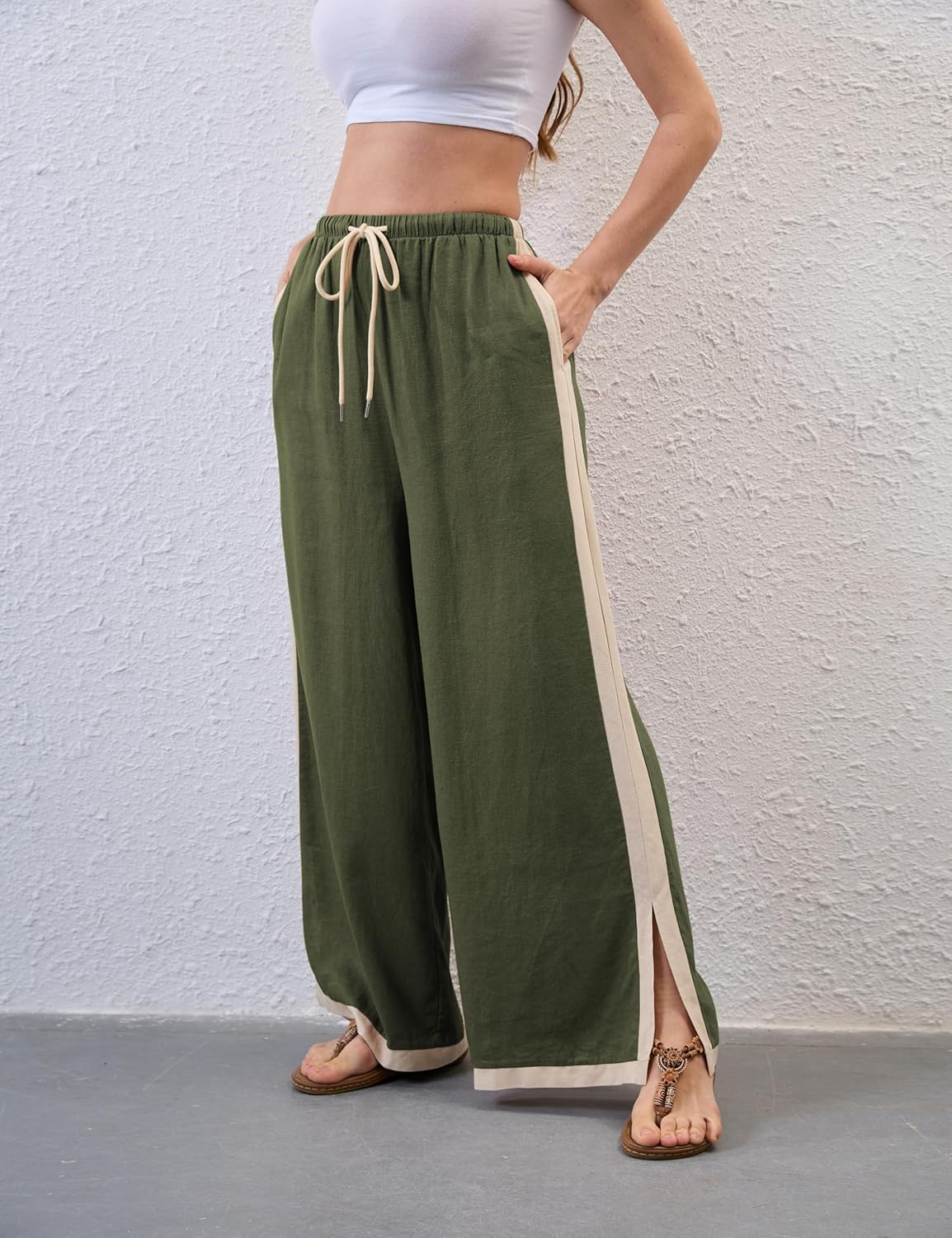 Xiaoxuemeng Linen Pnats Women Wide Leg Striped Capri Pants Casual Baggy Linen Trousers with Pockets - Image 5