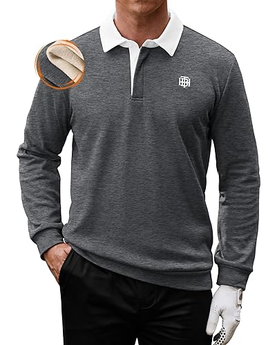 Men's Fleece-Lined Golf Polo Shirt Thermal Athletic Outdoor Collared Sweatshirt