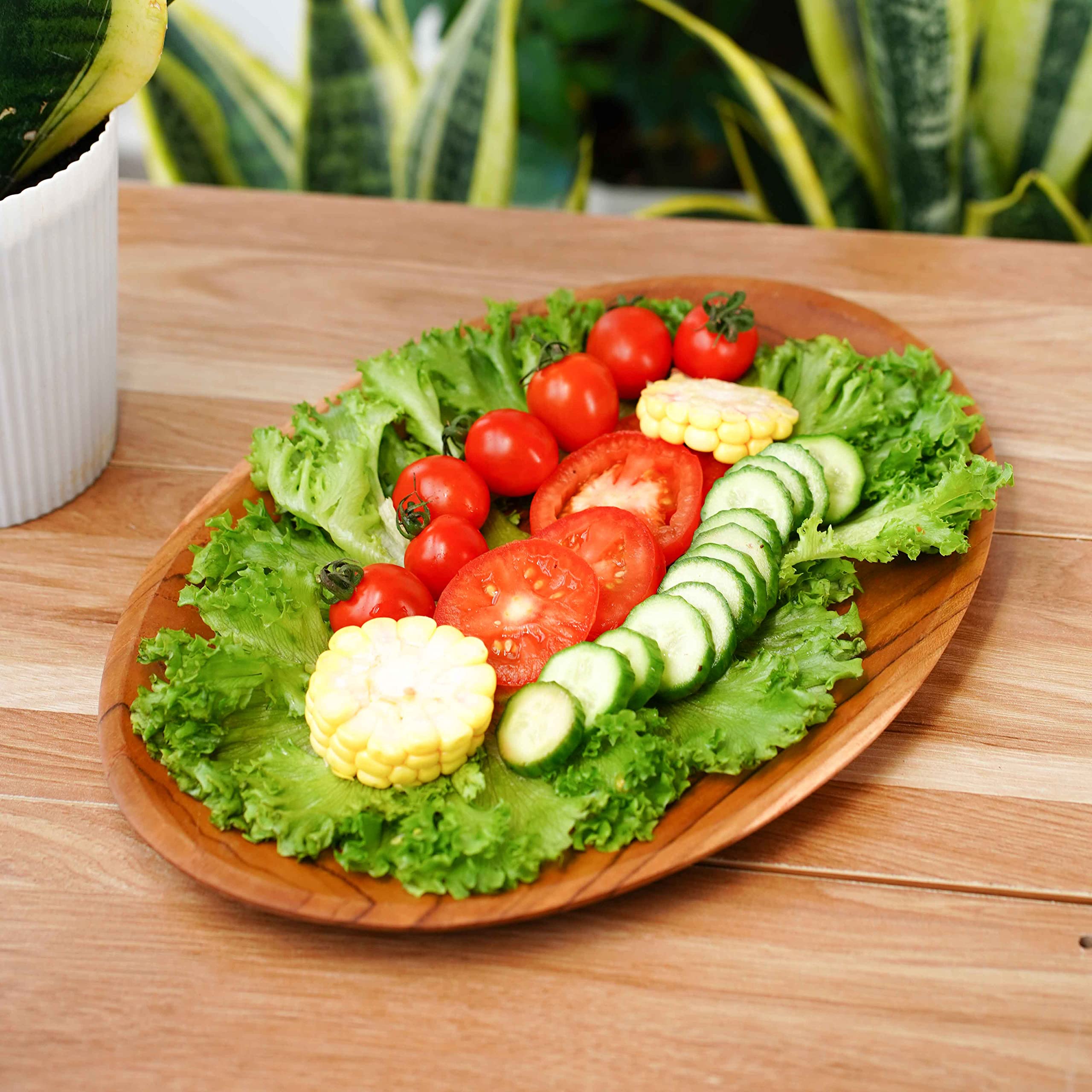 Rainforest Bowls Owalny talerz z drewna tekowego, duży, 2 sztuki, do jedzenia i dekoracji, dekoracyjny talerz kuchenny do jedzenia, serwowania, ręcznie robiona rustykalna zastawa stołowa z Indonezji