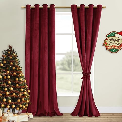 DWCN Cortinas opacas de terciopelo color rojo vino, con ojales atables, aislamiento térmico, fondos decorativos de Navidad para sala de estar, DWCN Cortinas opacas de terciopelo color rojo vino, con ojales atables, aislamiento térmico, fondos decorativos de Navidad para sala de estar,