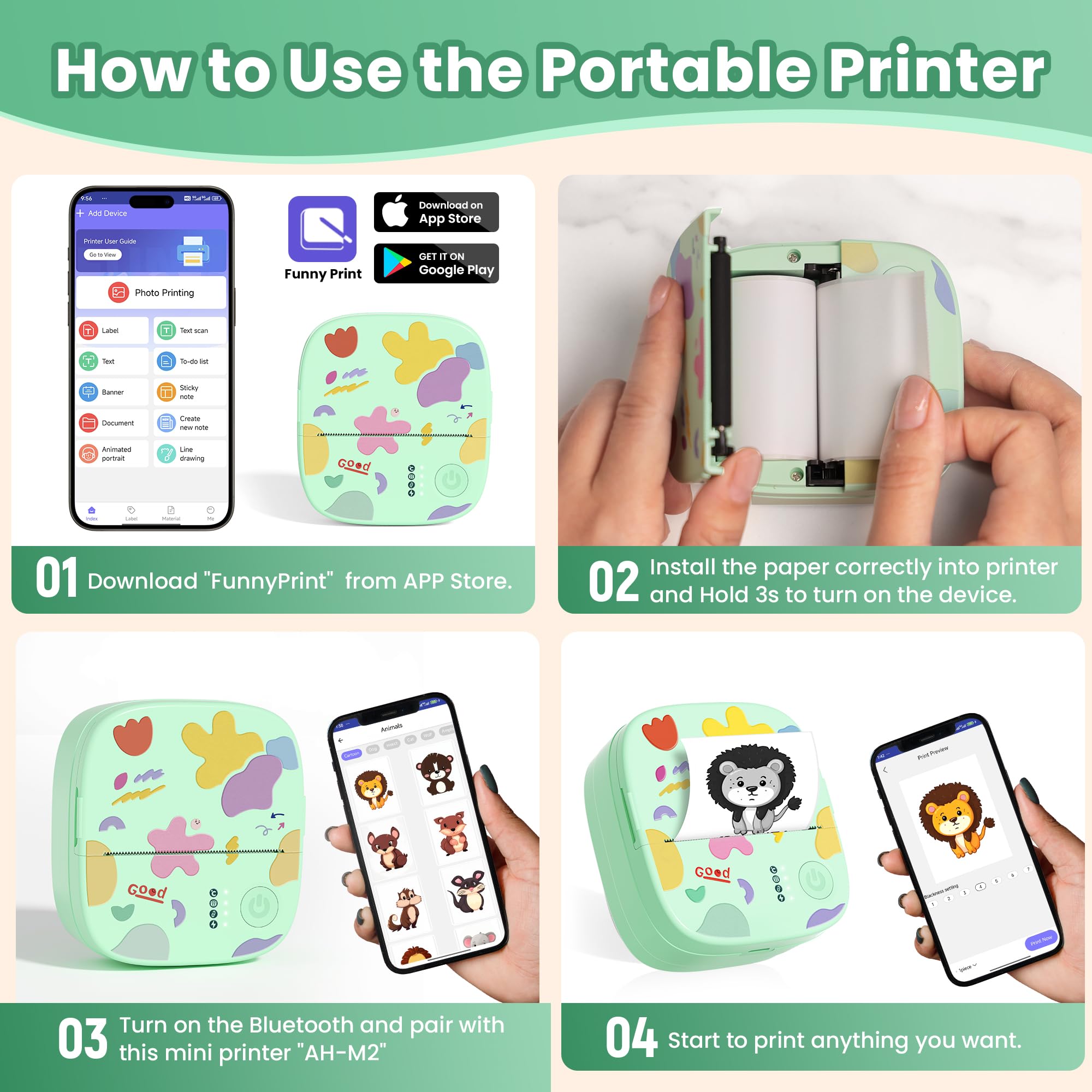 Imprimante Thermique Mini sans Encre Bluetooth Portable 3 Rouleaux Papier Vert pour Stickers Étiquettes DIY Enfants