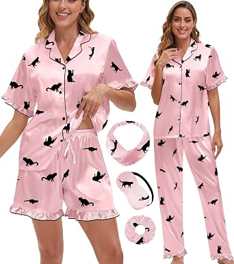 Womens Satin Pajama Set 3-Pcs Short Sleeve Ruffle with Side Pockets