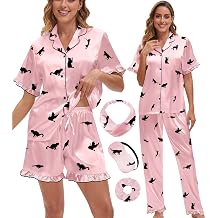Womens Satin Pajama Set 3-Pcs Short Sleeve Ruffle with Side Pockets