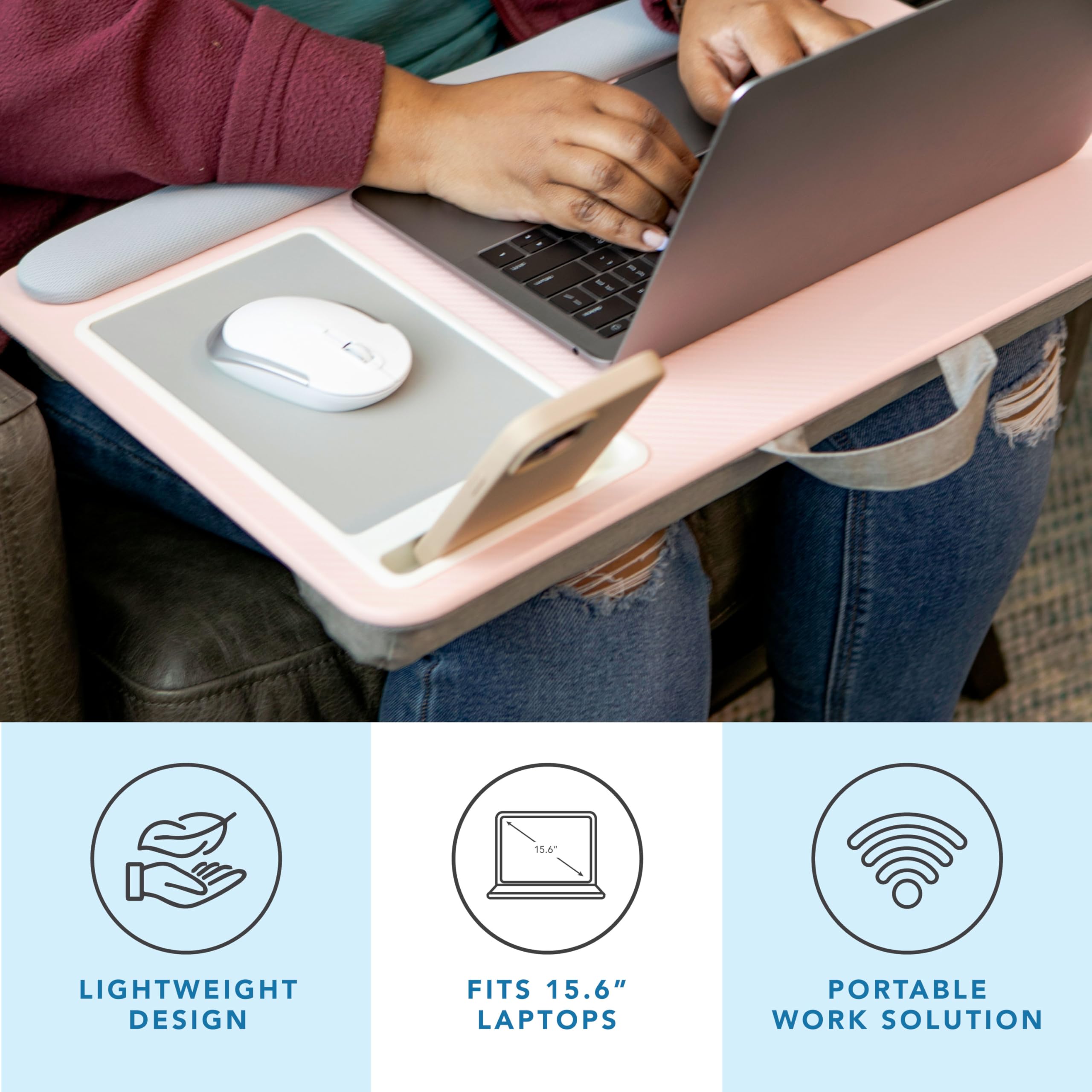 LAPGEAR Home Office Pro - Escritorio de Regazo con reposamuñecas, Alfombrilla para Mouse y Soporte para teléfono, Color Rosa, se Adapta a portátiles de hasta 15.6 Pulgadas, Estilo n.º 91604