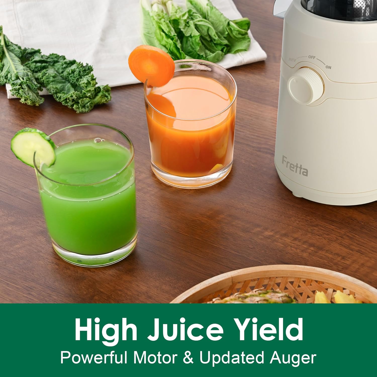 Fretta Cold Press Juicer Machines, Self-Feeding juicer with 108mm&1.0L Feeding Chute for Whole Fruits and Vegetables, Automatic 200W Masticating Juicer, High Yield Juice Extractor, Frosted White‌